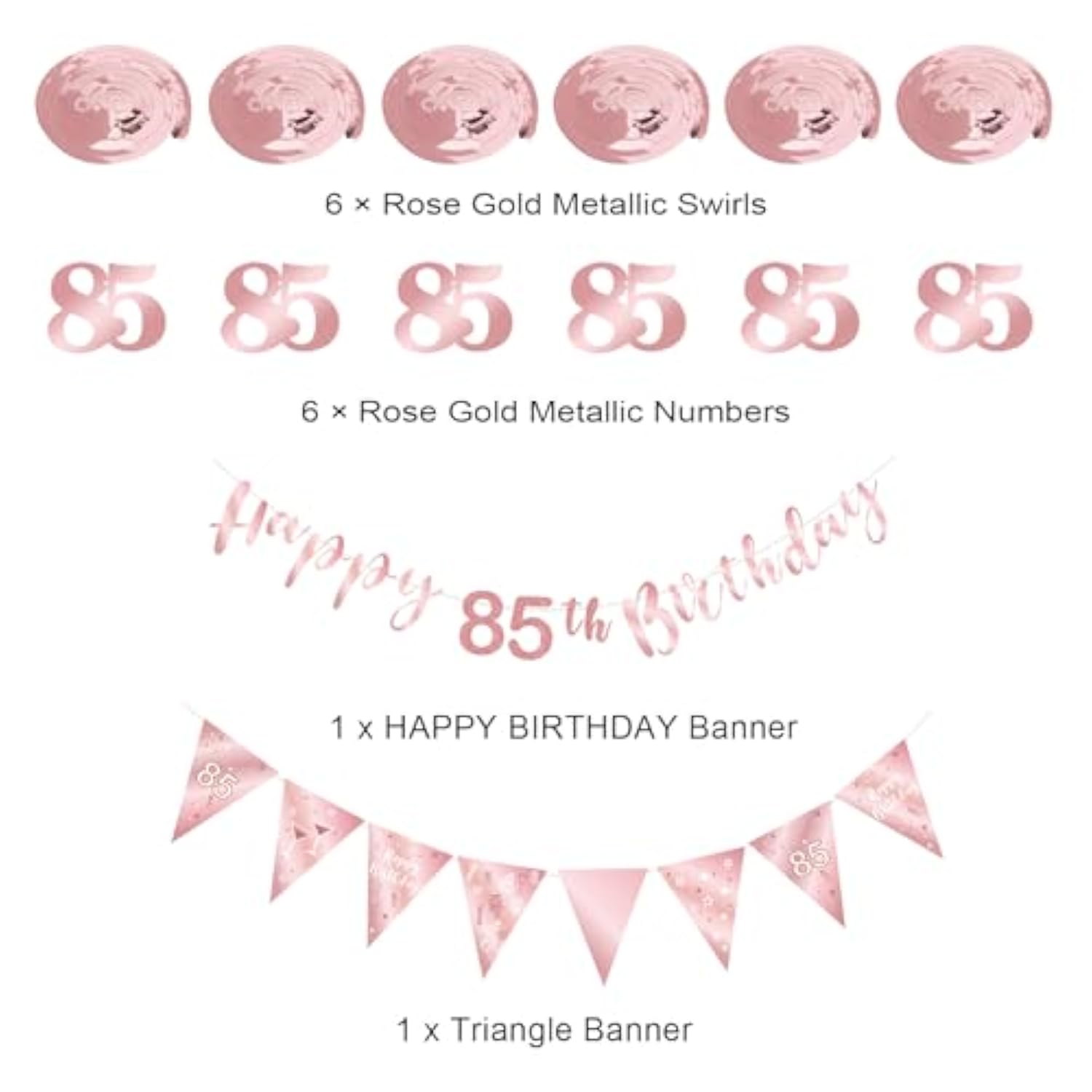 85Th Birthday Decoration Kit, Happy 85Th Birthday Banner Bunting Swirls Streamers, Triangle Flag Banner For Birthday Party Decorations Supplies Rose Gold 85Th