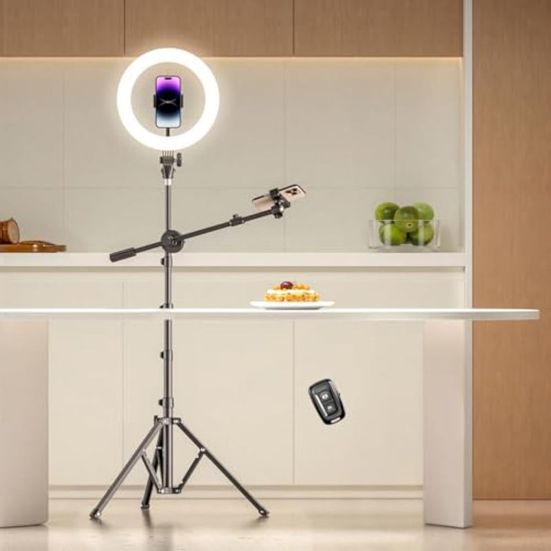 Ring Light With Stand For Phone, Ring Light Tripod For Iphone With Light, Overhead Camera Mount 10.5" With Remote, Phone Tripod With Light For Video Recording/Live Streaming/Cooking