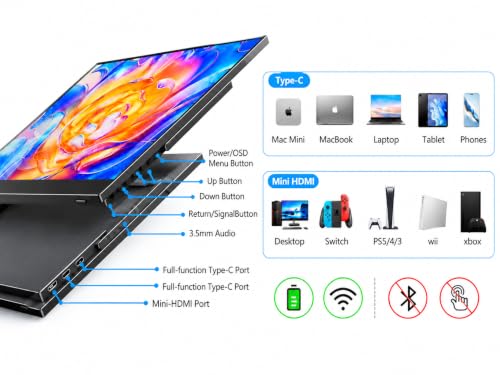Battery Wireless Portable Monitor, 8000Mah 15.6" 1080P Ips Usb-C/Hdmi Second Screen, Built-In Speakers, Support Airplay/Miracast For Laptop/Phone/Tablet/Switch/Xbox, Carry Bag Included