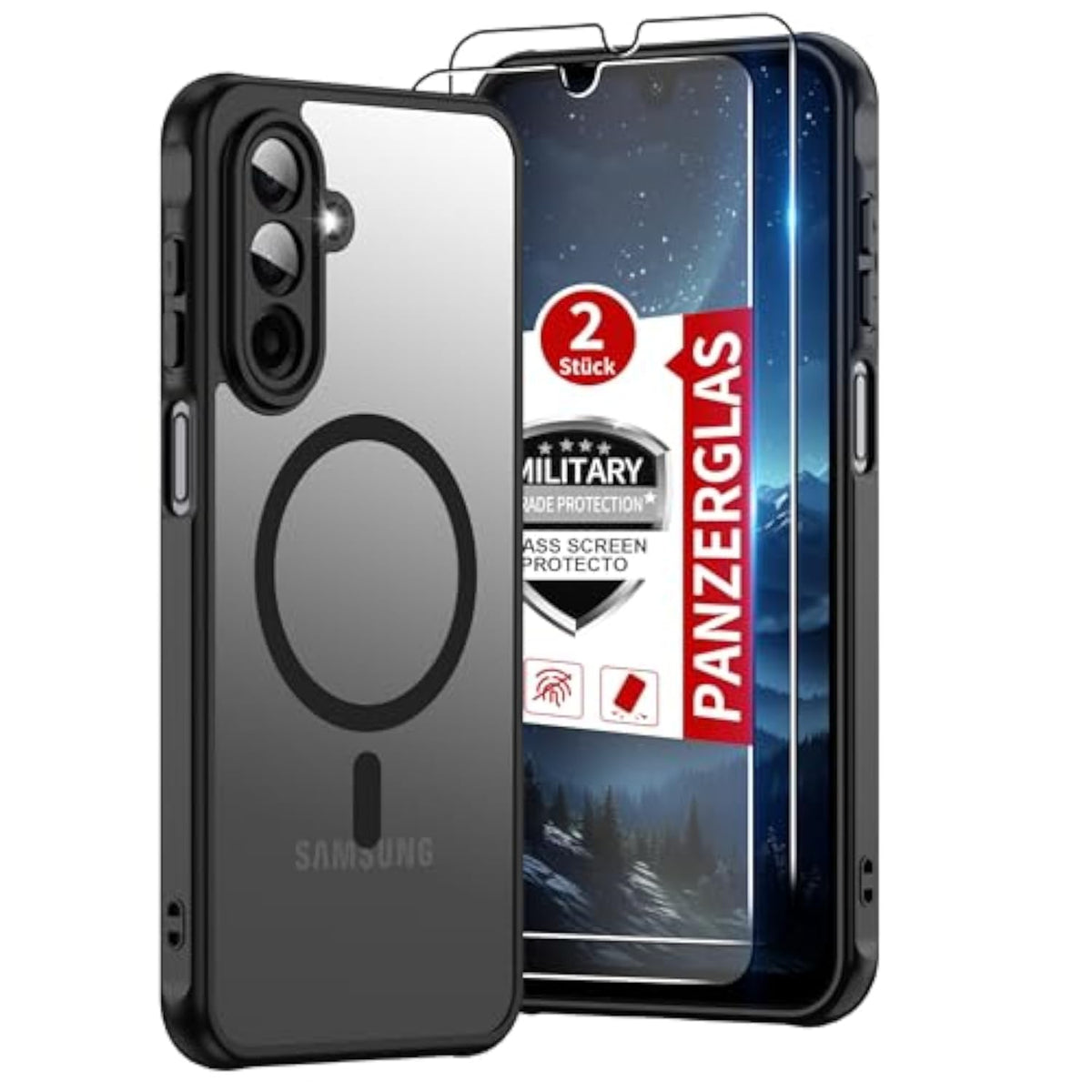 Magnetic Phone Case for Samsung Galaxy A17 / A18 5G with Screen Protector and Built-in Magnets for Military Grade Drop Protection, Slim Translucent Matte Shockproof Anti-Fingerprint Case for A17 / A18 Black