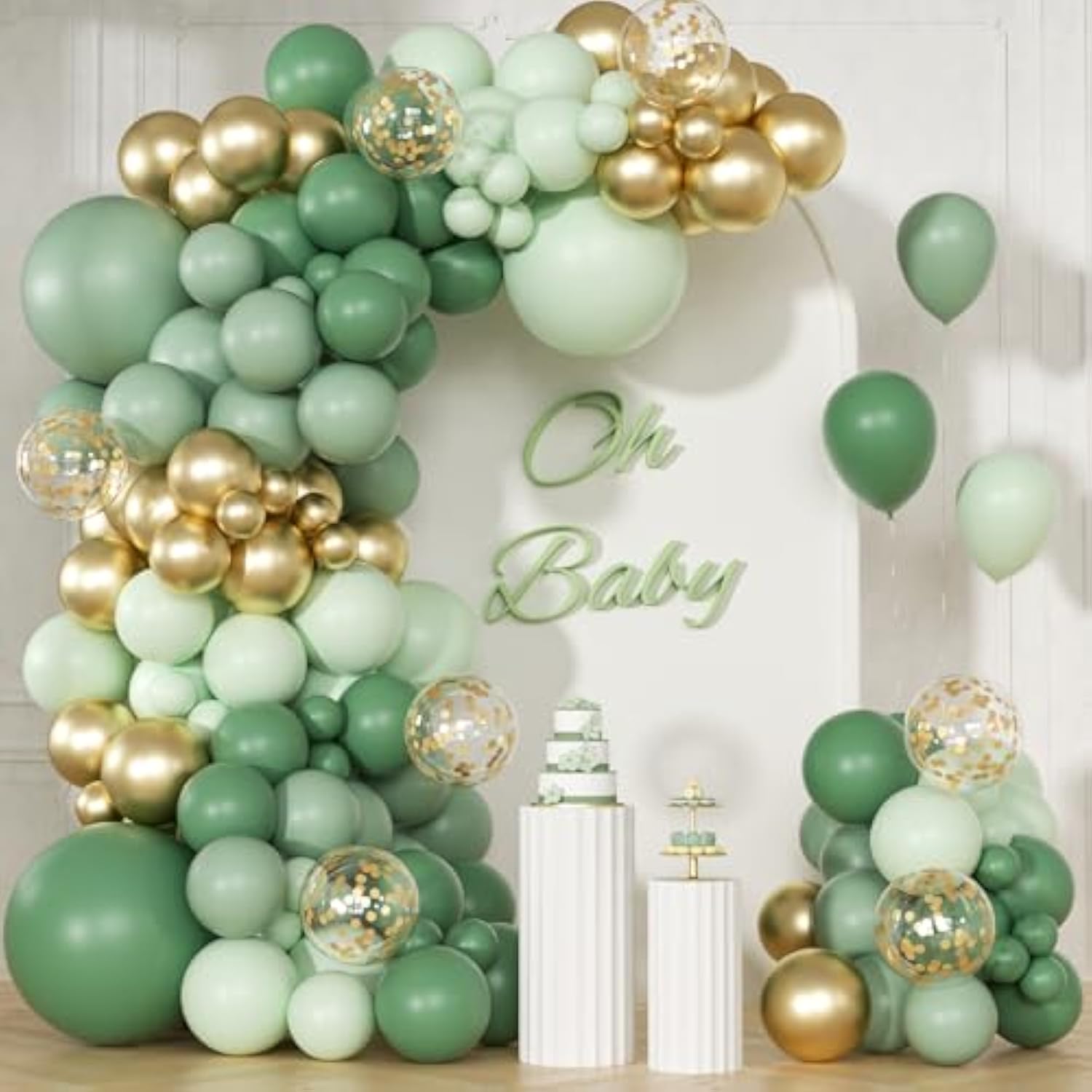 147Pcs Sage Balloon Garland Arch Kit, Green Olive Pastel Metallic Confetti Gold For Birthdays, Safaris, Weddings, Baby Showers