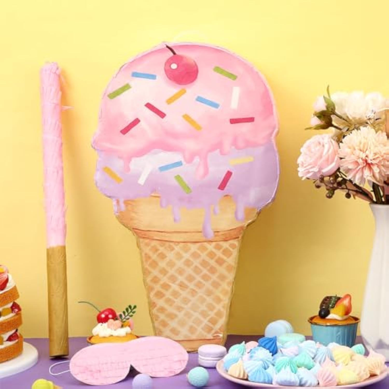 Ice Cream Piñata Set: Pink Party Decoration with Stick & Blindfold