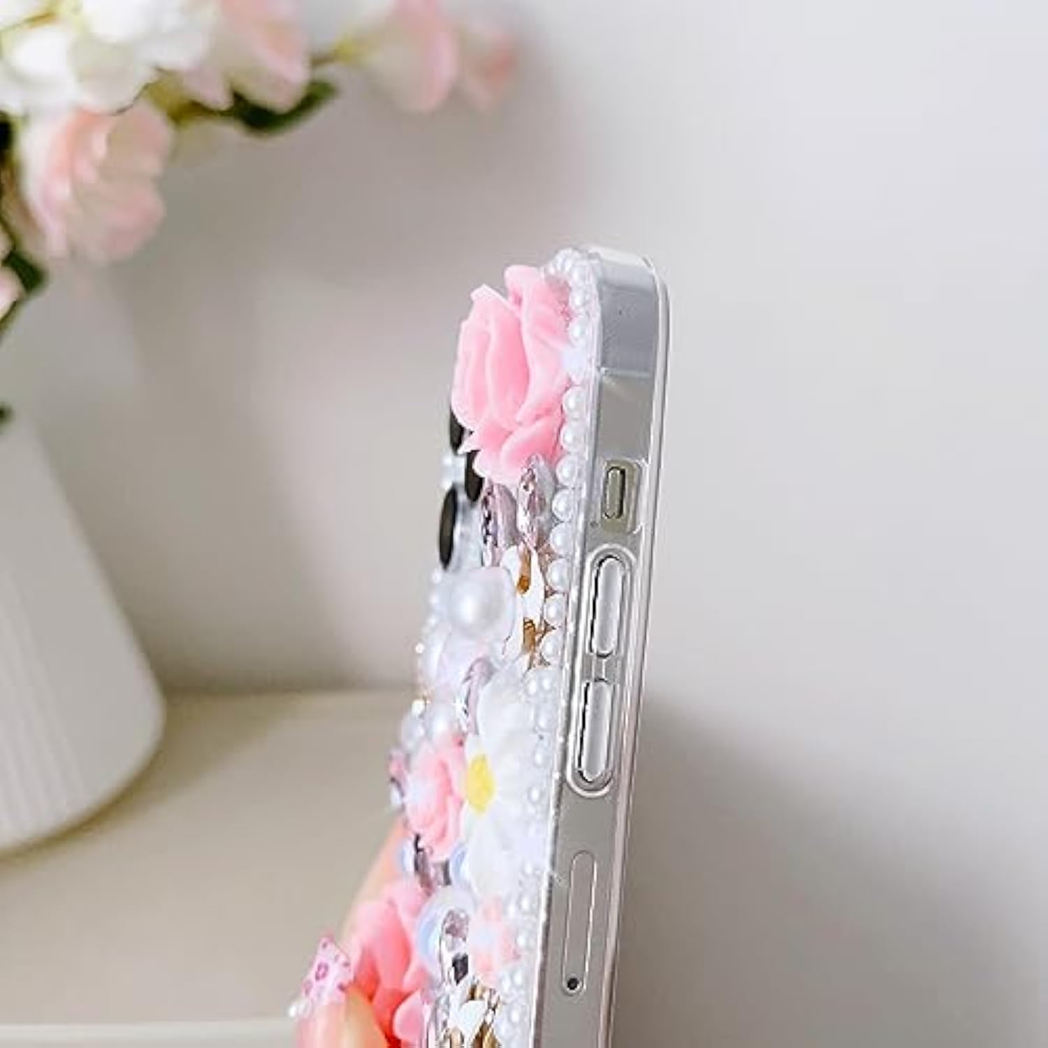 For Iphone 15 Glitter Bling Case,Cute Luxury 3D Crystal Rhinestone Diamond Sparkle Shiny Gems Flower Pearl With Lanyard Wrist Strap Women Girls Protective Case For Iphone 15 6.1 Inch (Purple)
