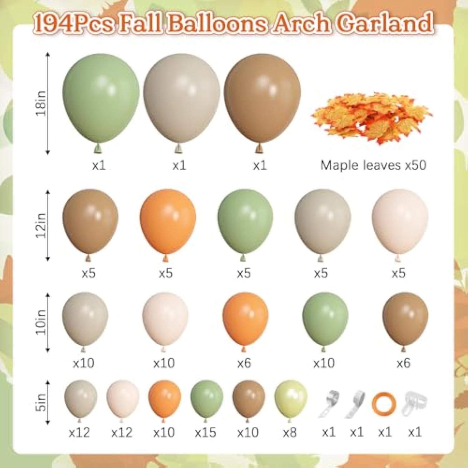 194PCS Fall Balloon Arch Kit with Sage Green Orange Brown Balloons for Thanksgiving