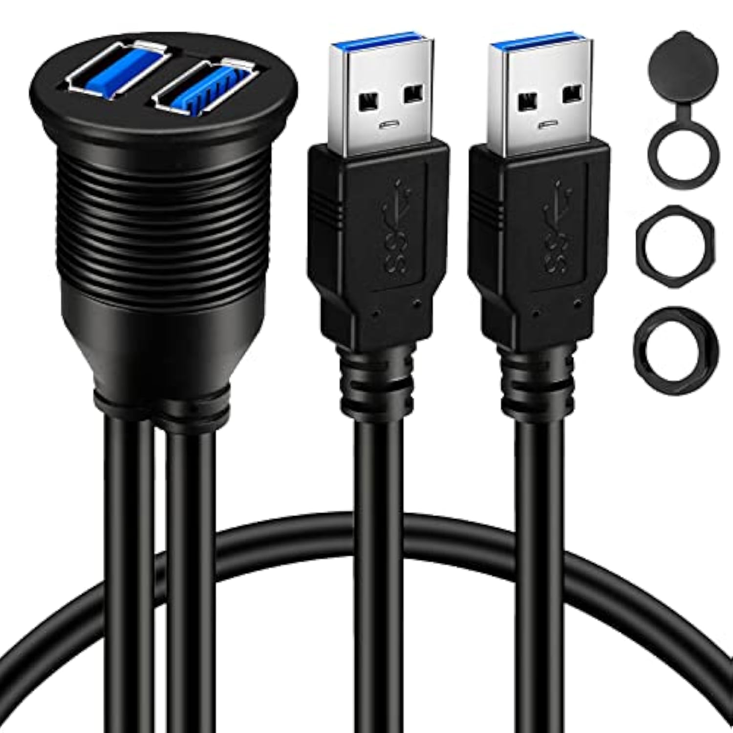 2 Ports Dual Usb 3.0 Male To Usb 3.0 Female Aux Flush Mount Car Mount Extension Cable For Car Truck Boat Motorcycle Dashboard Panel 1Ft