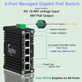 Industrial 5-Port Managed Gigabit Poe Switch, Support Dc12V-48V To Dc48V Poe, Rugged Metal Housing, 4×Poe Ports (802.3Af/At) 30W Each, 120W Total, Din-Rail Mount, Support Qos & Vlan, For Rv/Cctv.