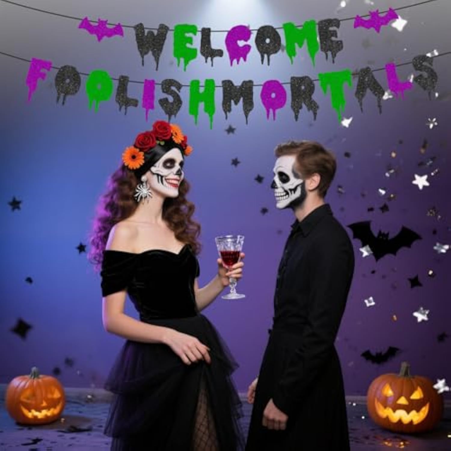 Welcome Foolish Mortals Pre-Strung Halloween Banner Glitter Haunted Mansion Bat Wall Decor
