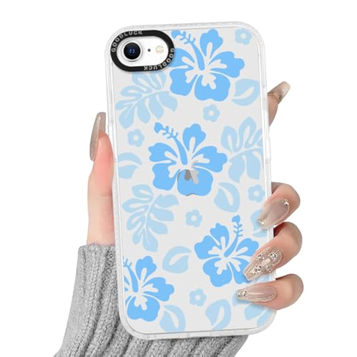Clear Hibiscus Flower Case For Iphone 7/8 / Se 2020 / Se 2022 4.7", Cute Preppy Floral Pattern Aesthetic Design Soft Anti-Yellow Protective Shockproof Tpu Phone Cover For Women Girls - Blue