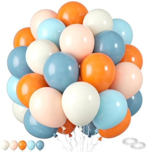 Orange And Blue Balloons,60 Pcs 12 Inches Orange Macaron Orange Retro Sea Blue Teal Ivory White Balloons With Ribbons For Birthday Baby Shower Graduation Engagement Party Decorations