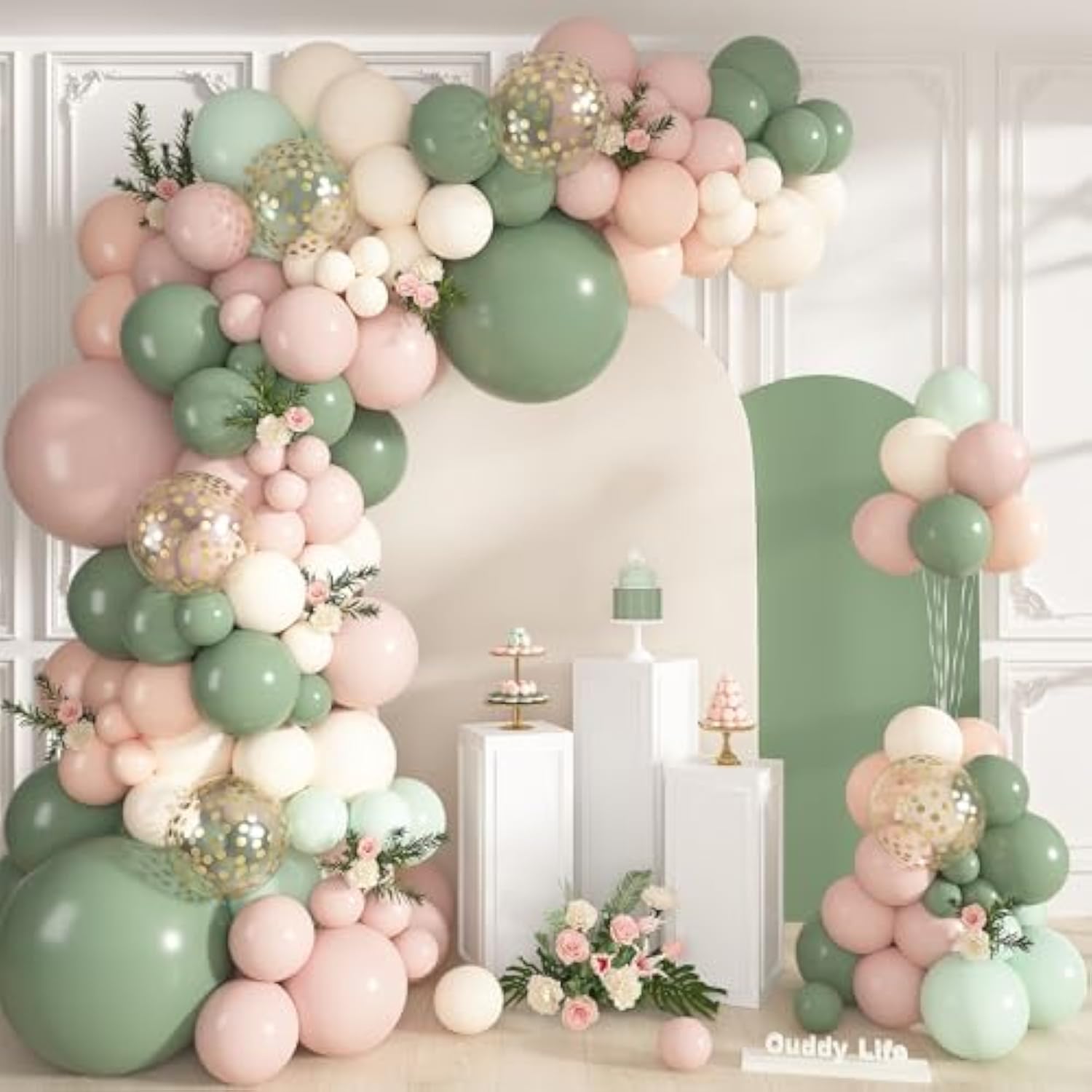 Pink And Sage Green Balloons Arch Kit, Baby In Bloom Baby Shower Decorations Pastel Green Sand White Gold Confetti Balloon For Boho Floral Baby Shower Birthday Gender Reveal Party Supplies