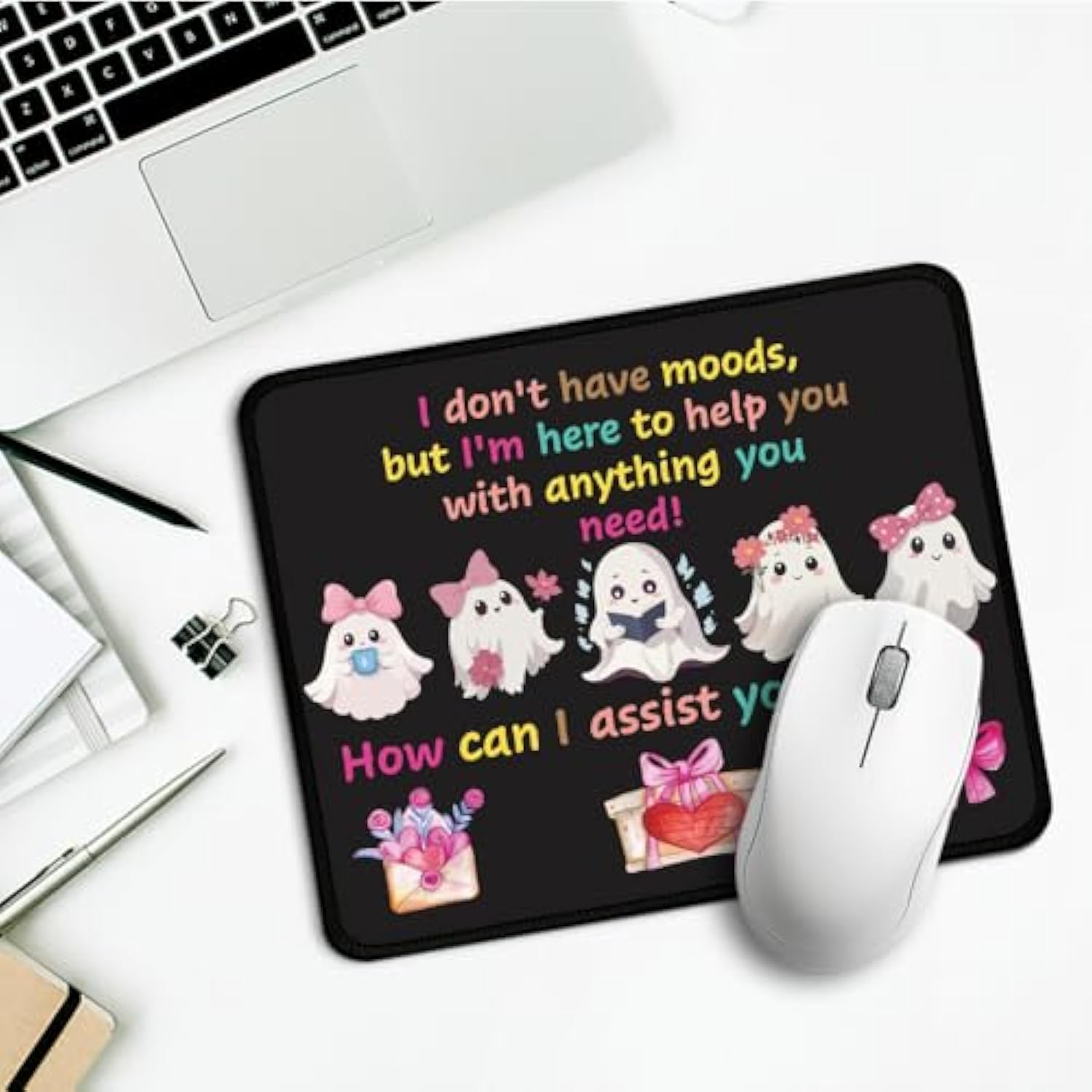 I Don'T Have Moods But I'M Here To Help You Rectangular Mouse Pad, Funny Ghost Mouse Pads For Desk, Halloween Desk Decor For Friend Families, Cute Spooky Valentines Mouse Mat For Soulmate