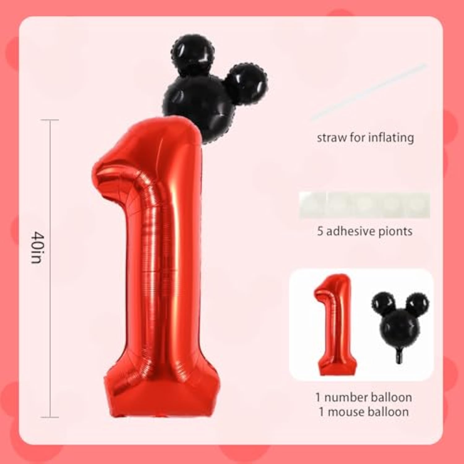 40" Mouse Number 1 Balloon – Black Mouse Head & Red Balloon for Parties