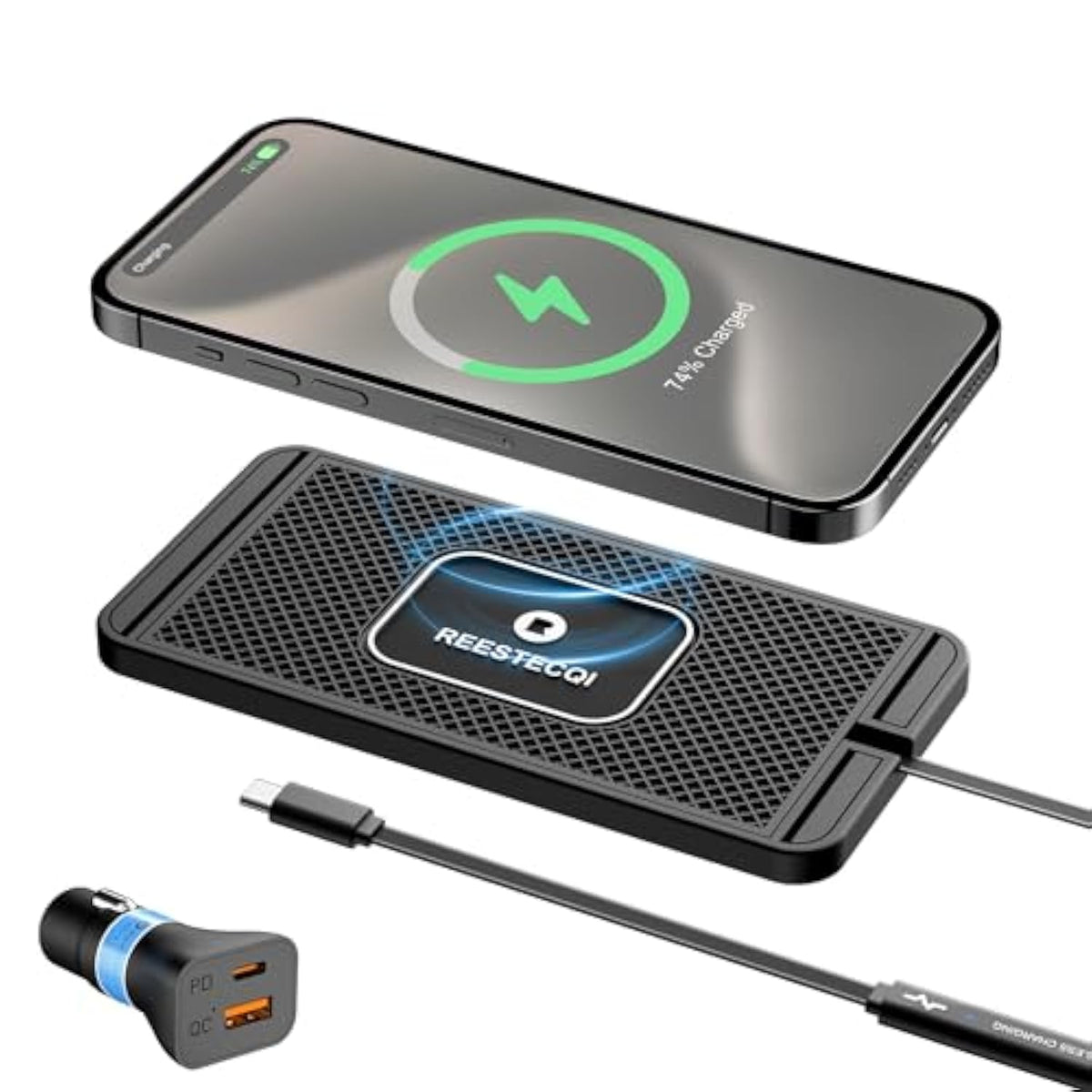 Wireless Charging Pad For Car, 15W Wireless Car Charger Pad Type C Charging Mat Non Slip [Pd 40W Car Charger Incl] For Airpods Iphone 16/15/14/13/12, Samsung S24/S23/S22 (30Cm Cable)