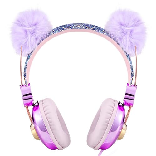 Kids Headphones for Girls, Cute Bear Ear Headphones with Microphone, 3.5mm Jack Wired Girls Headphones for School/Travel/iPad/Tablet (Purple)