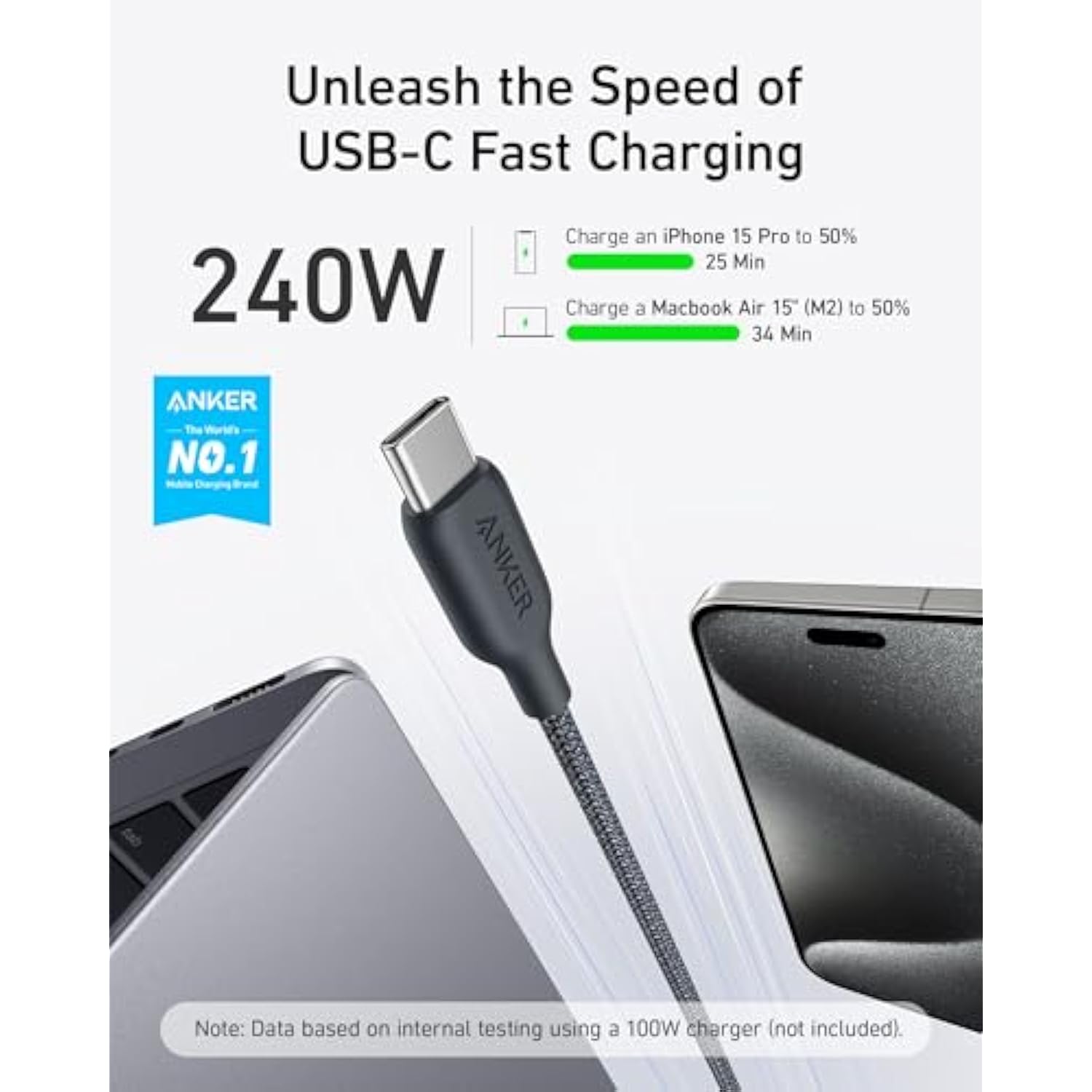 Anker USB C Cable, 240W Bio-Braided Type C Fast Charge Cord for iPhone 16/16 Pro, MacBook Pro 2020, iPad Pro,and More(USB 2.0, 6FT, Phantom Black)