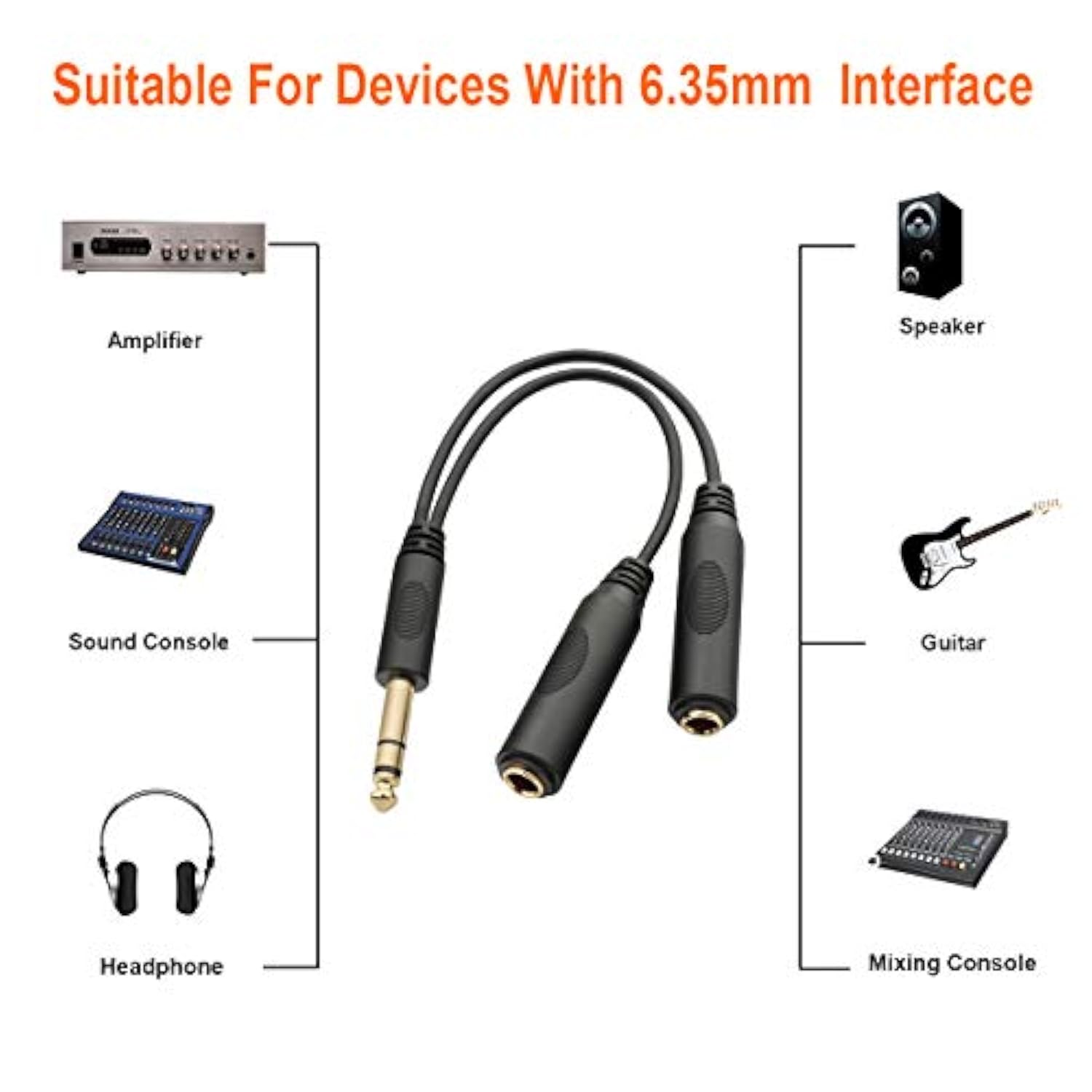 6.35Mm (1/4 Inch) Jack Splitter Cable, 20Cm (8 Inches), Headphone Splitter Cable, Splitter, Stereo Male To Dual Stereo Female Jack, Compatible With Headphone, Amplifier, Karaoke