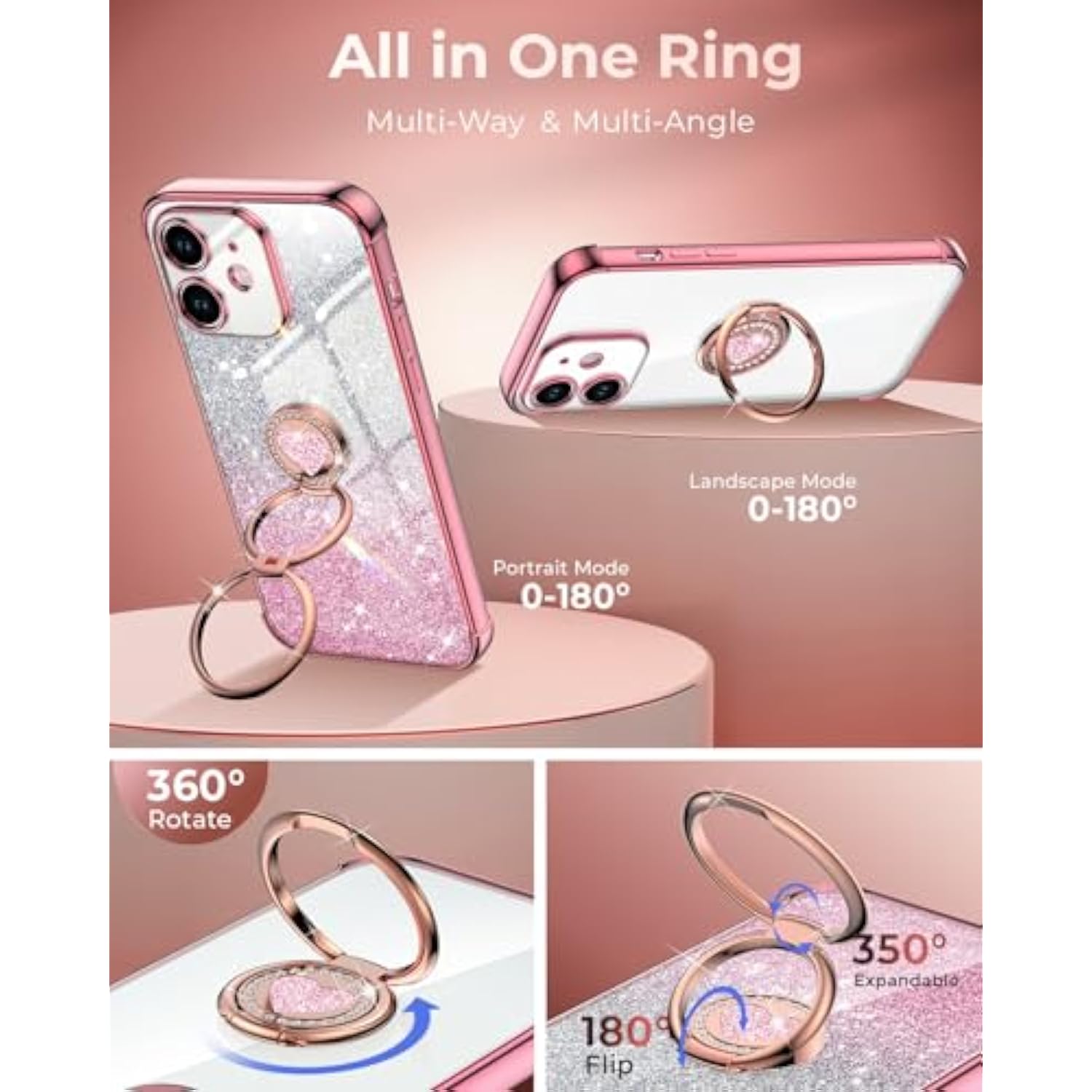 For Iphone 11 Case With Stand, Phone Case With Double Ring Kickstand, Women Girls Bling Luxury Glitter Clear Phone Case Cover Heart For Iphone 11, Rose Gold