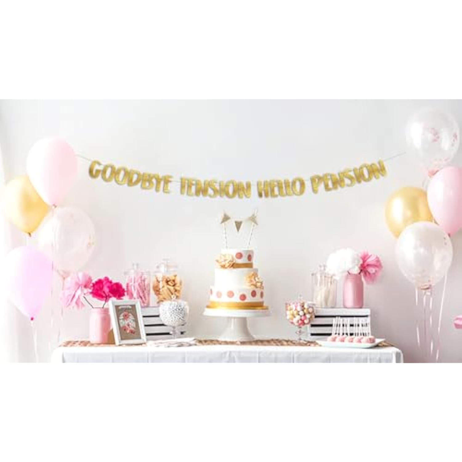 Goodbye Tension Hello Pension Gold Glitter Banner Retirement Party Supplies