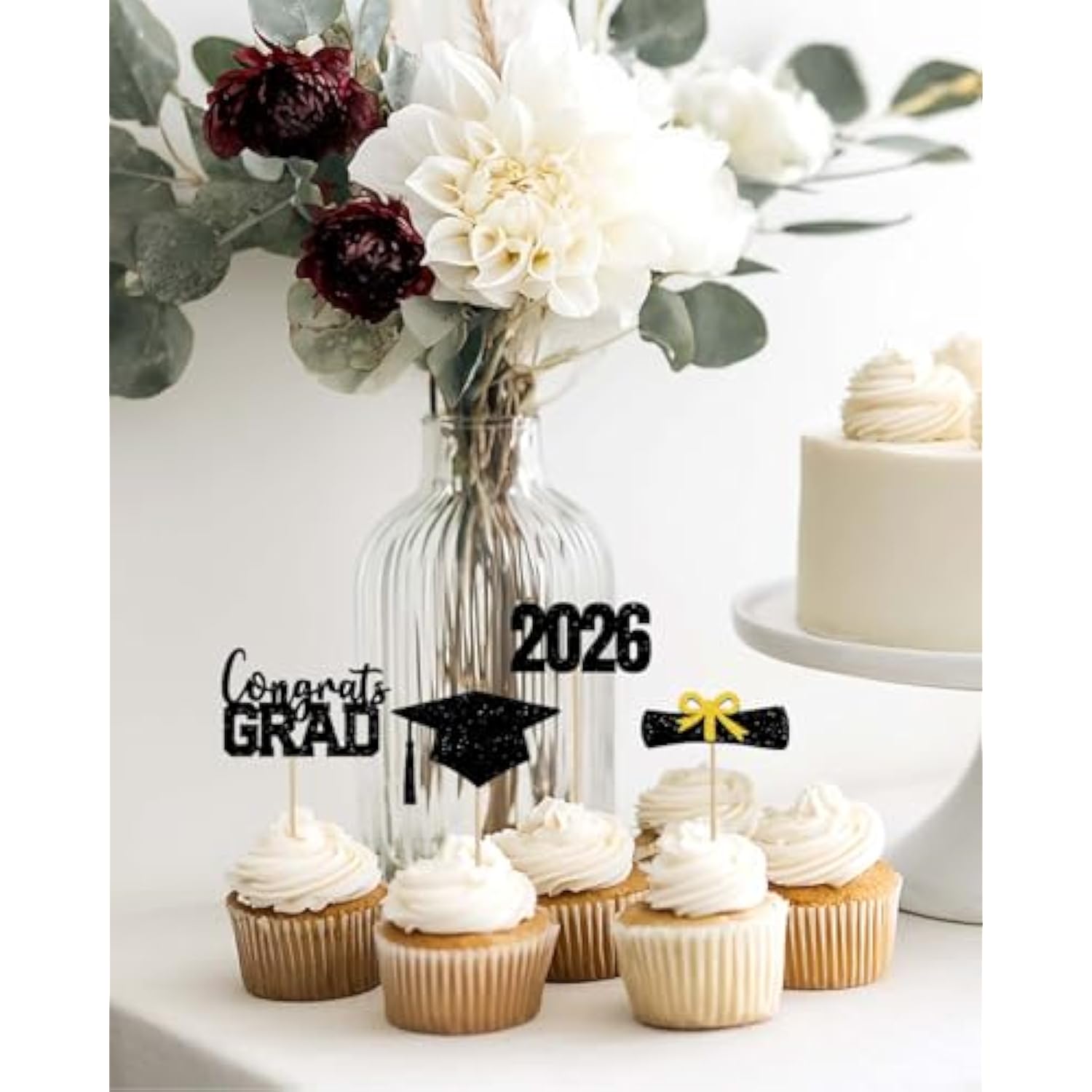 Graduation Cupcake Toppers 2026, 36 Pcs Glitter Class Of 2026 Cupcake Toppers Supplies, Includes Stands Graduation Party Decorations For Table Toppers. (36, Bg)