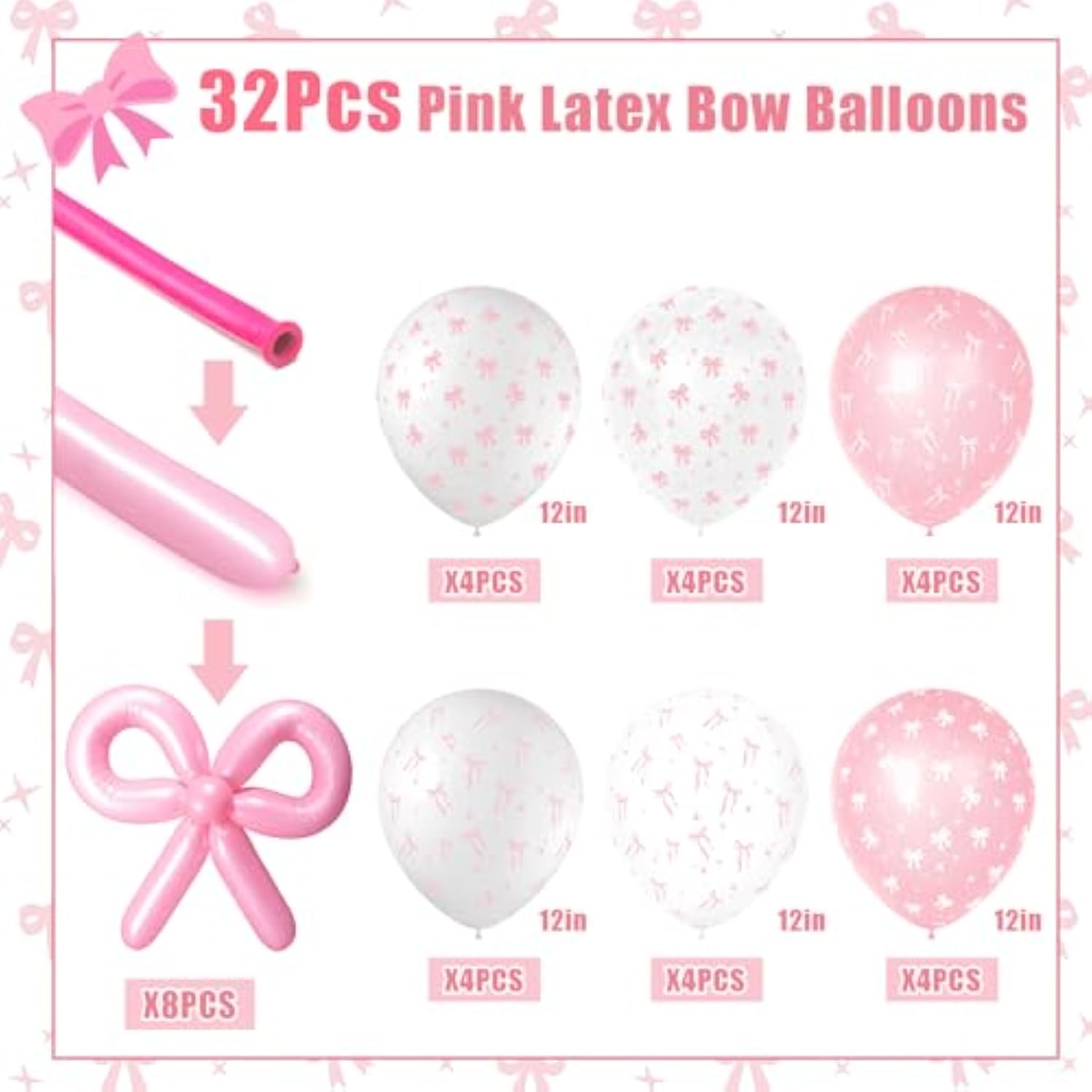 32 Pcs Pink Bow Balloons - Coquette Bows Party Decorations For Girls Birthday, Bachelorette, Bridal Engagement, Baby Shower