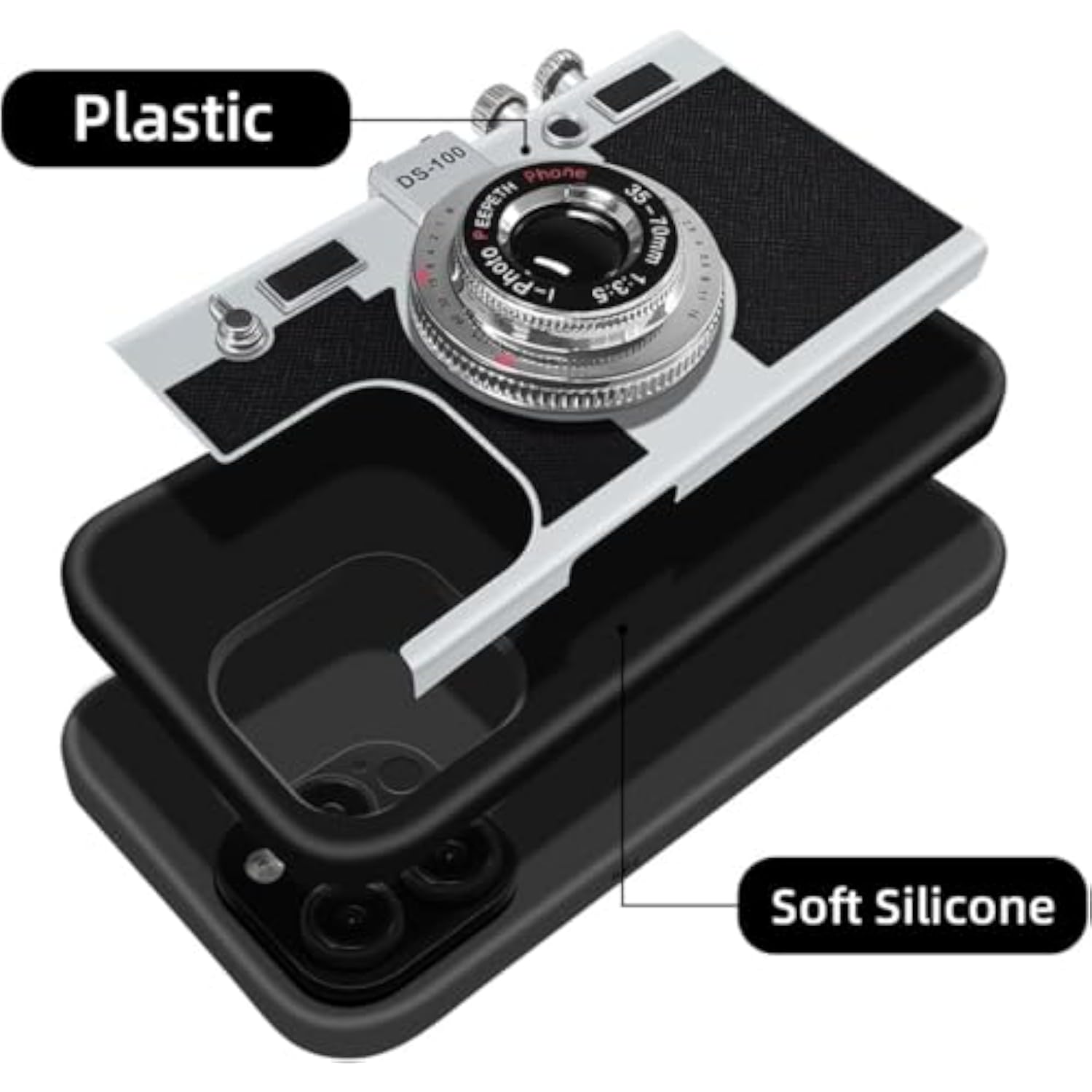 Vintage Camera Phone Case for iPhone 16 with Removable Lanyard Strap, Cute 3D Unique Design Silicone Cover for Girls Kids Women Black