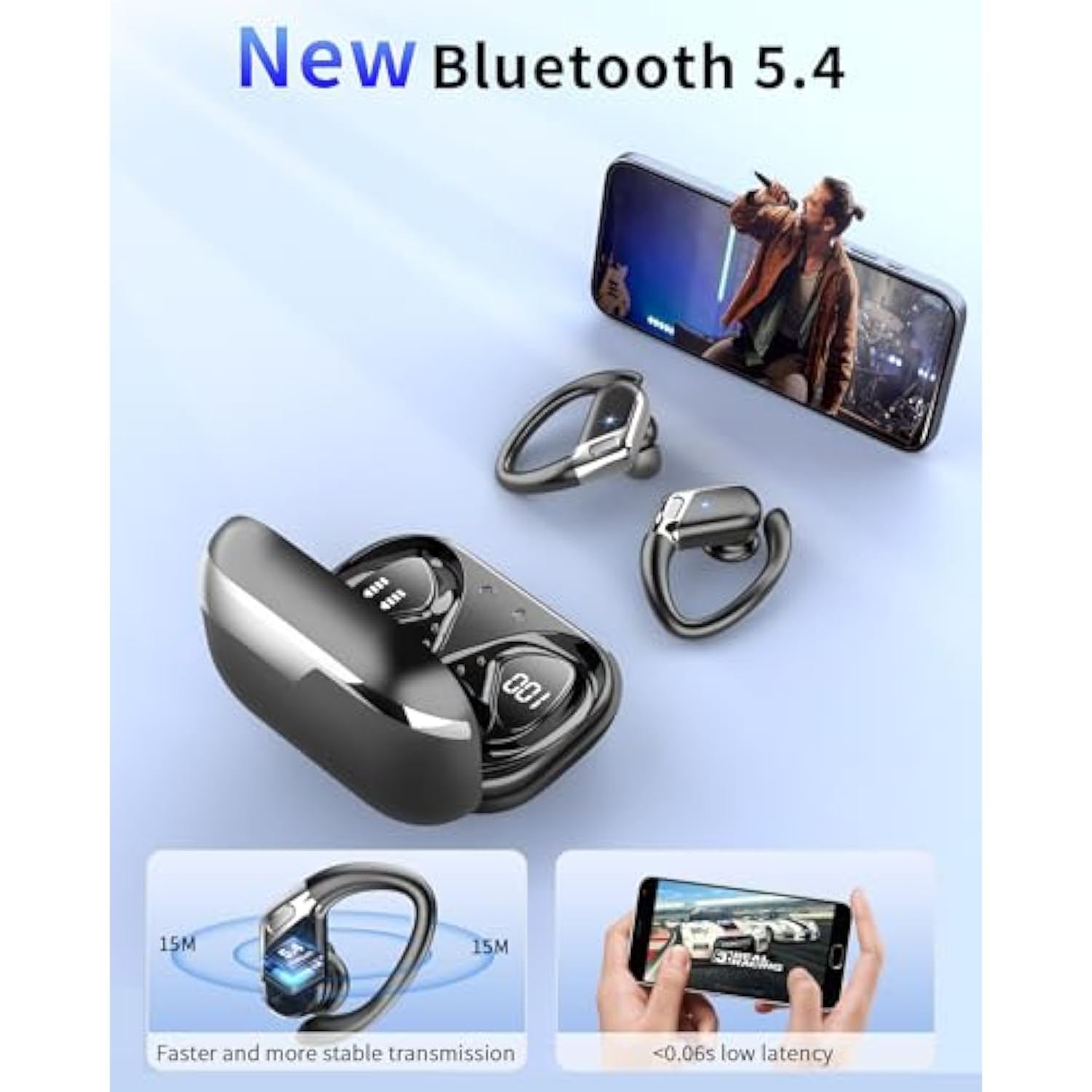 Wireless Earbuds, Bluetooth 5.4 Headphones Sport With Enc Noise Cancelling Mic, 50 Playback Over-Ear Buds Deep Bass, Earphones With Earhooks, Ip7 Waterproof Fitness Headset For Gym Running Workout