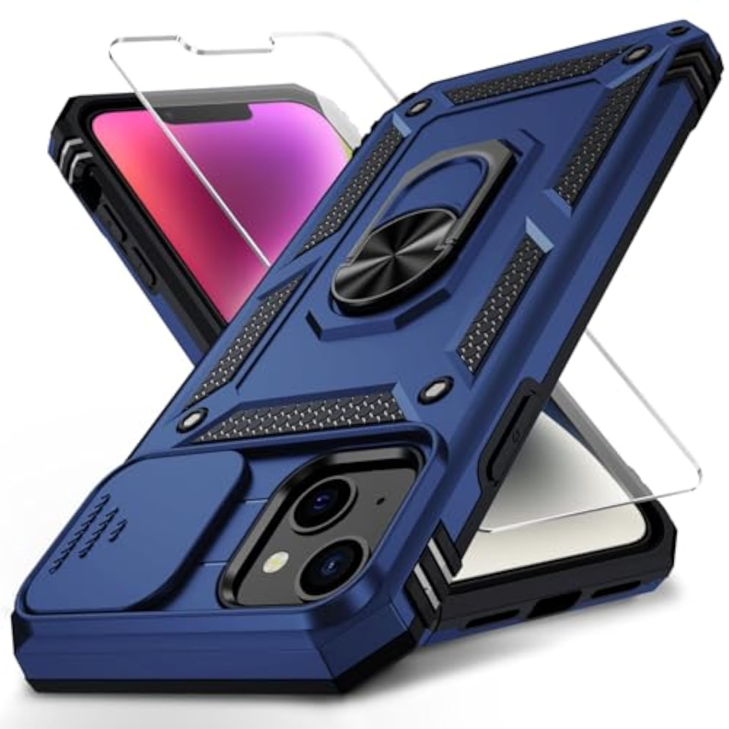 Navy Blue iPhone 14 Plus Case with Camera Lens Cover, HD Screen Protector, 10 FT Military Grade Drop Protection, Magnetic Ring Holder Kickstand Protective Phone Case