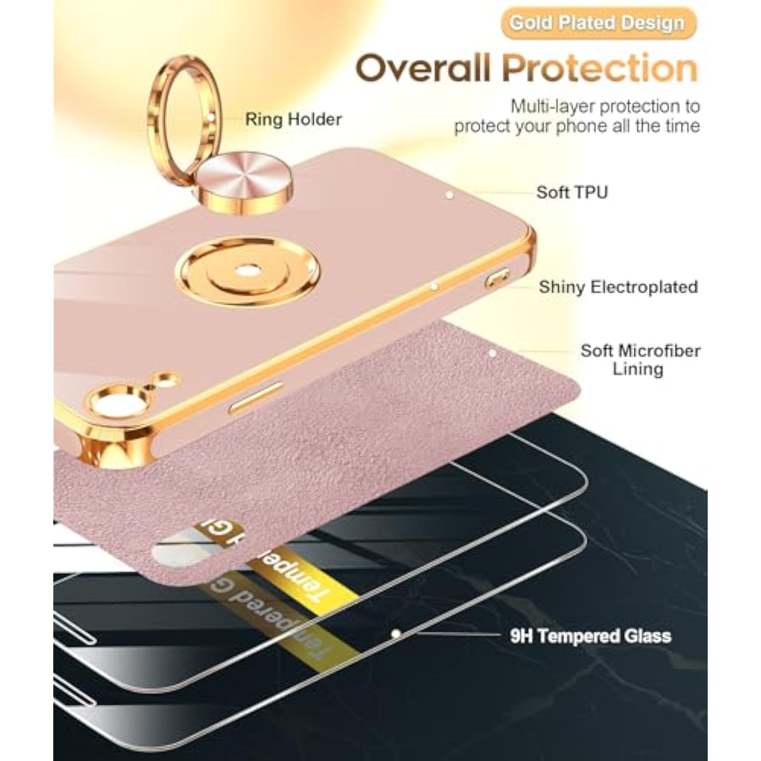For Xr Case: With Tempered Glass Screen Protector [2 Pack] 360° Rotatable Ring Holder Magnetic Kickstand, Plating Rose Gold Edge For 10 Xr Case, Pink