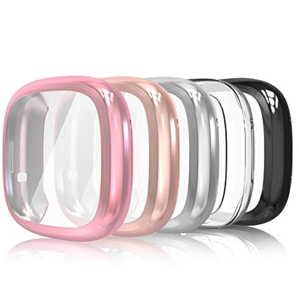 5Pack Full Screen Protector Case Compatible With Fitbit Sense/Versa 3, Soft Slim Tpu Plated Bumper Case Compatible With Fit Bit Versa3 Sense Smartwatch, Rose Pink/Rose Gold/Clear/Silver/Black