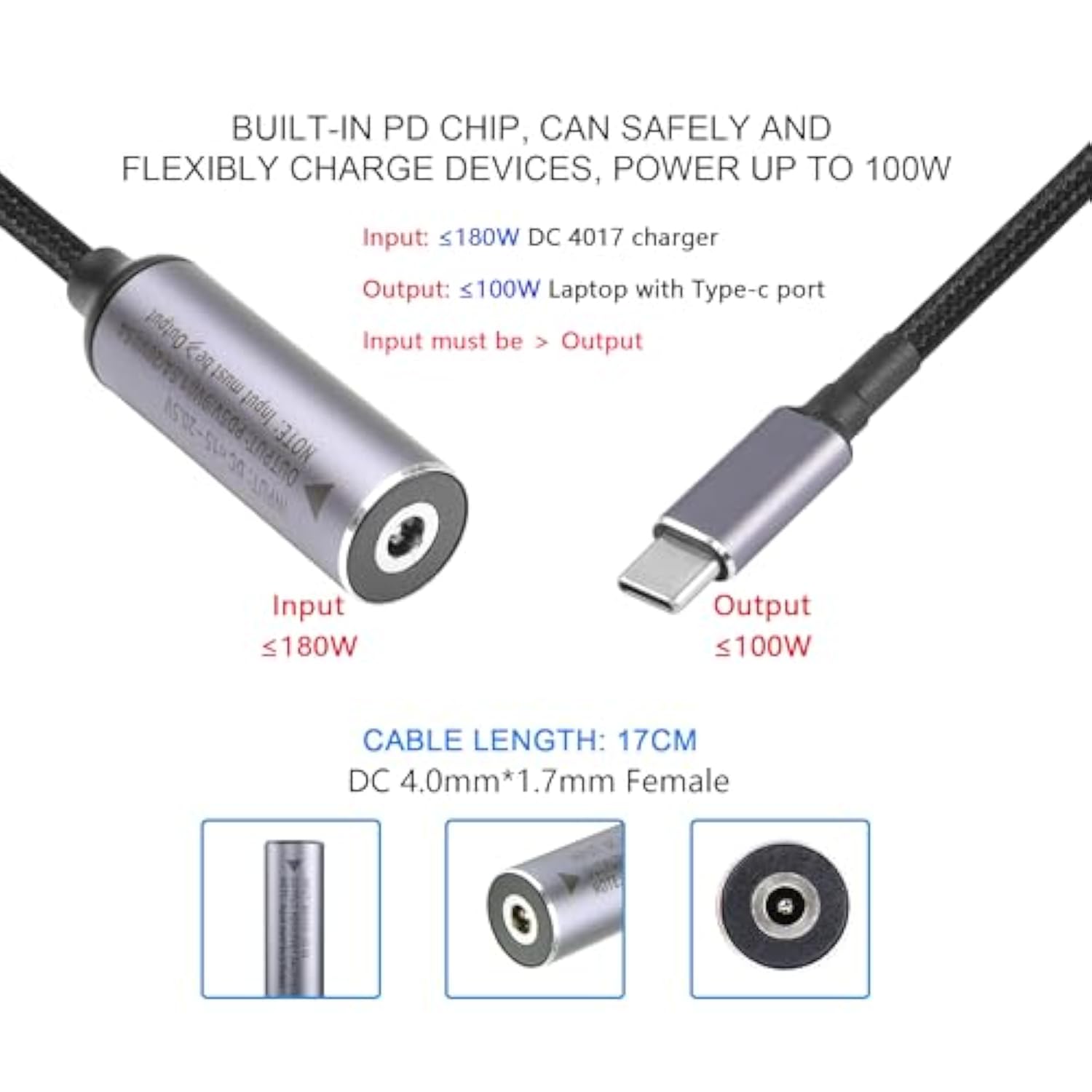 Pd 100W Dc4017 To Type C Power Charging Cable, Dc 4.0X1.7Mm Female Input To Usb Type C Male Extension Cable With Pd Automatic Identification Chip,For Phones,Tablets,Laptops