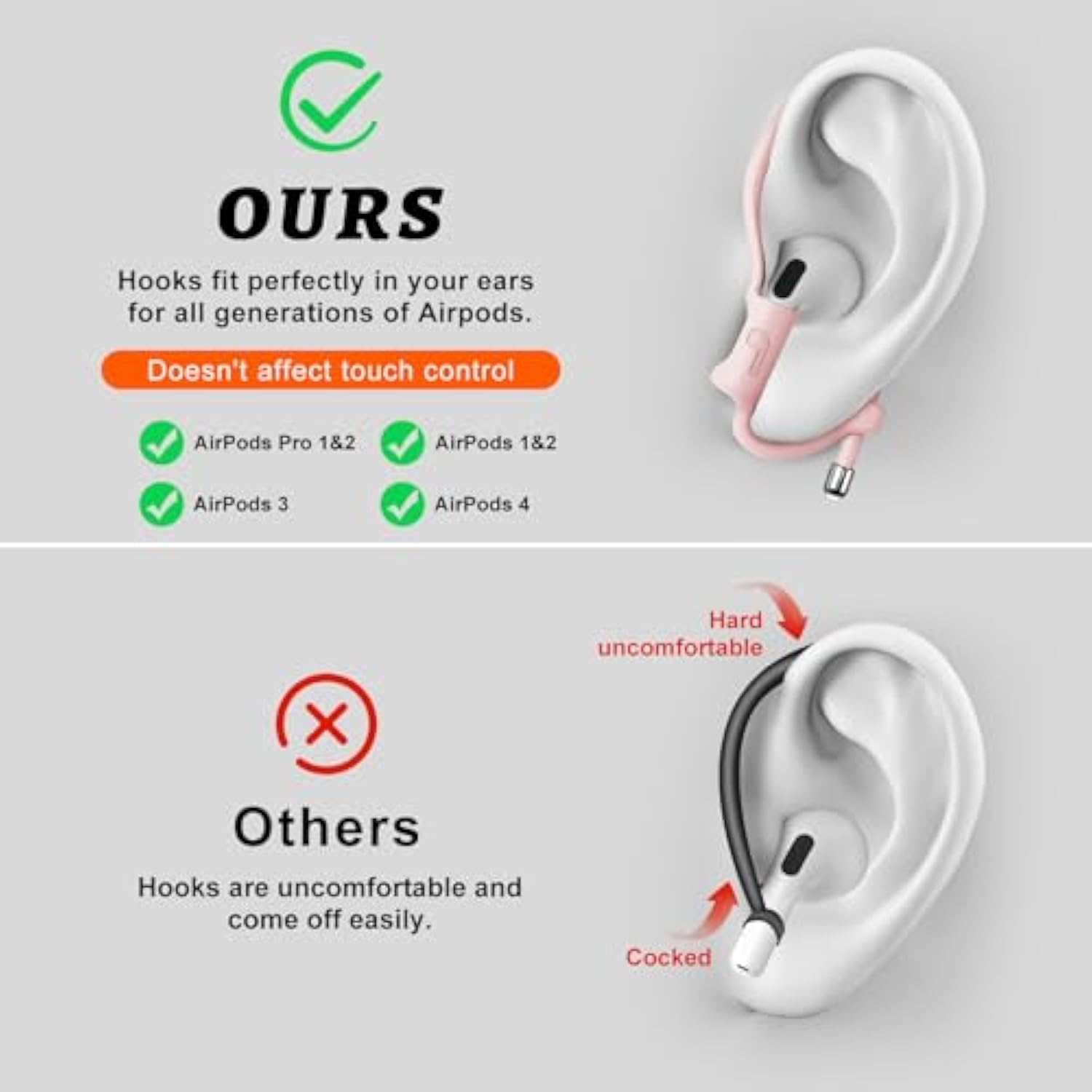 [2 Pairs] Ear Hooks For Airpods Pro 2, 1 & Airpods 4, 3, 2, 1, [Adjustable] Ergonomic Design Anti Slip, Comfortable Fit Silicone Clip For Running Sports [Added Velvet Storage Pouch] – Pink
