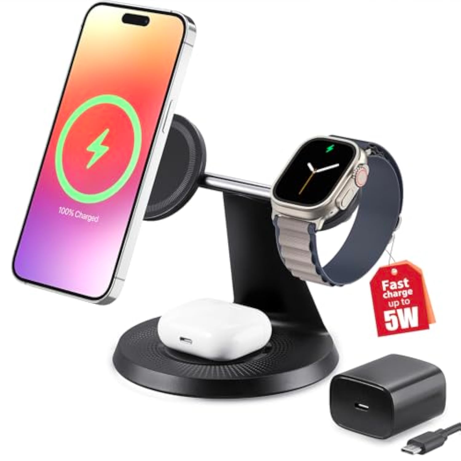 3 In 1 Wireless Charging Station For Apple Device: Fast Charging Station For Iphone And Watch With Magsafe, Stable Charger Stand For Iphone 12-16 & Iwatch & Airpods