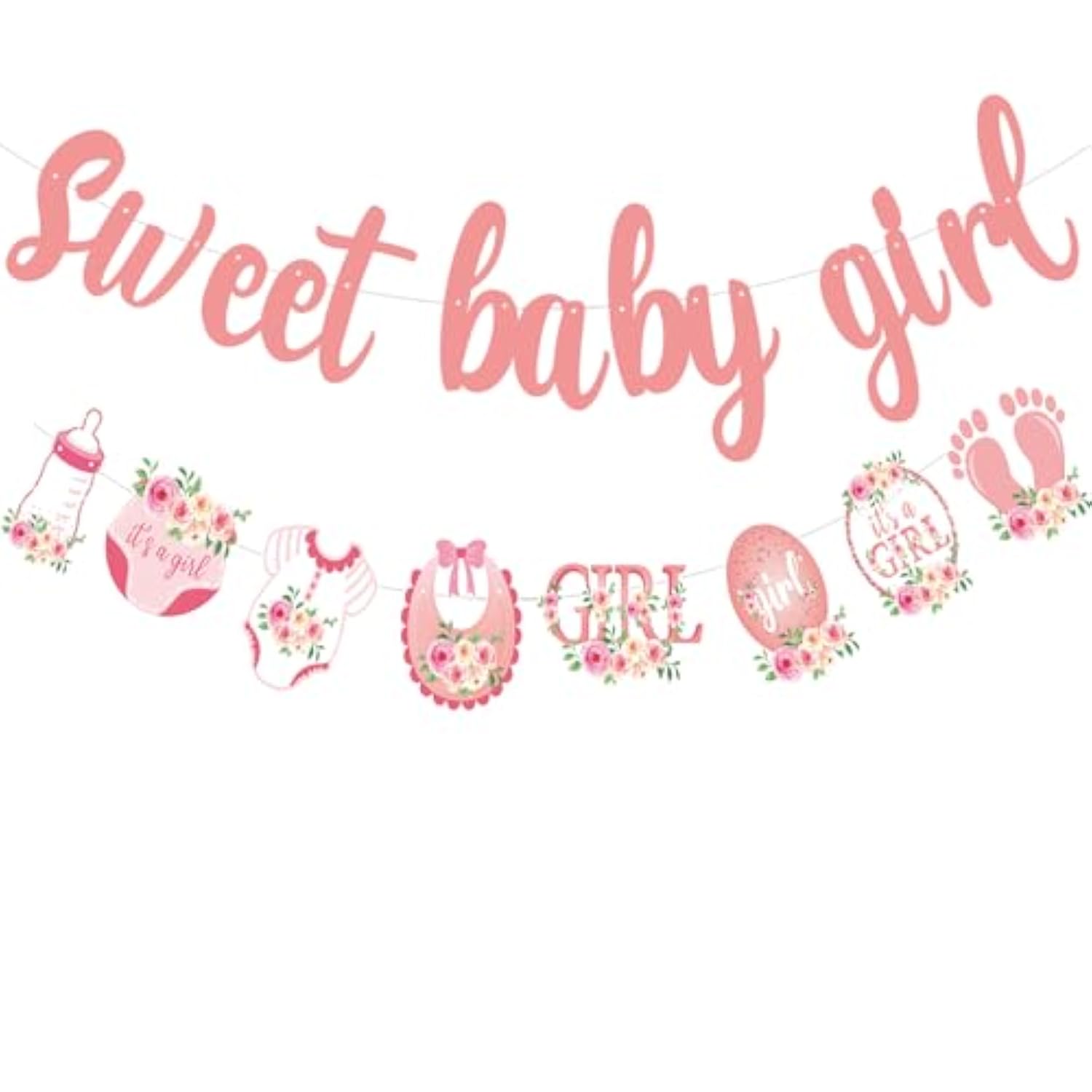 2pcs Rose Gold Glitter Baby Girl Banner – Pre-Strung Baby Shower Decor