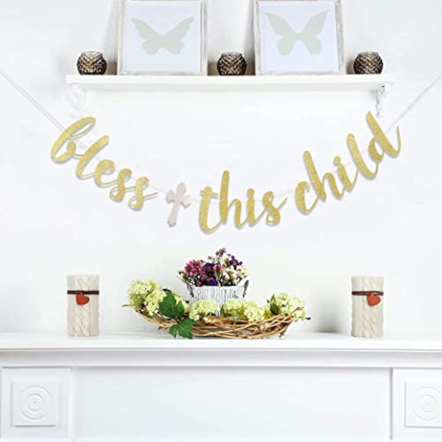 Bless This Child Gold Banner - Boy/Girl Baptism, First Communion, Baby Shower Party Toppers