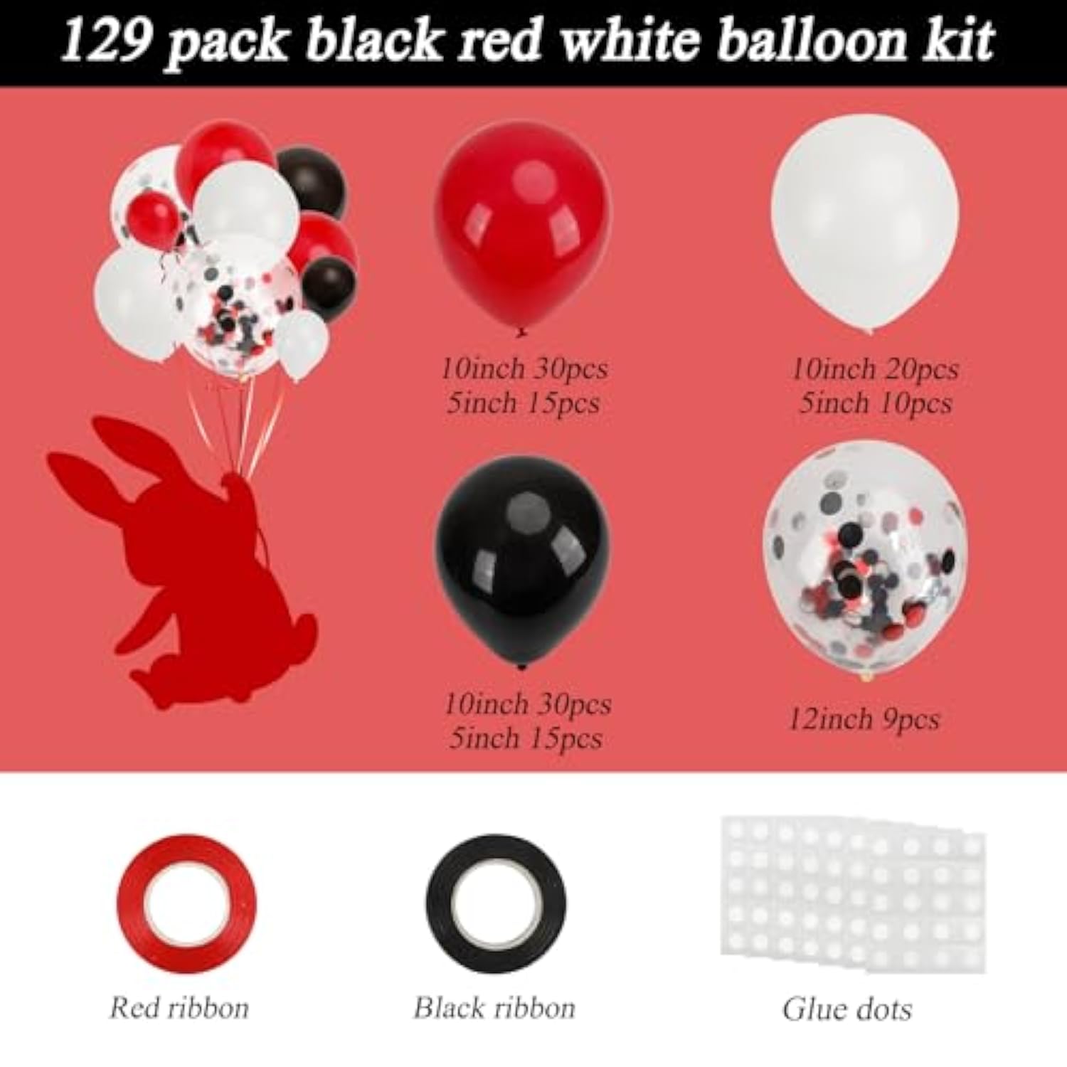 129pcs Red Black White Balloon Garland Kit with Confetti for Party Decorations