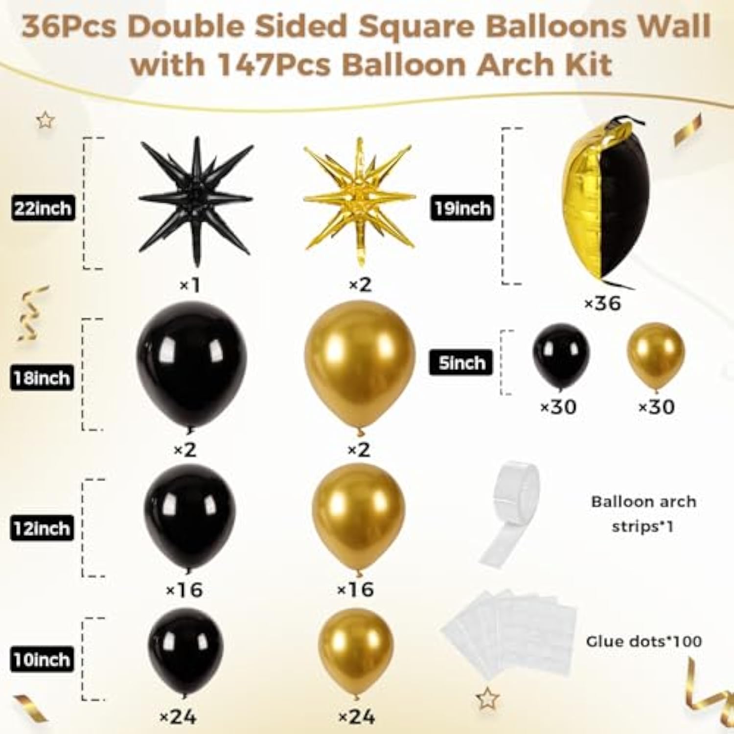 36pcs Gold & Black Square Balloons with 147pcs Arch Kit for Party Backdrop Decor