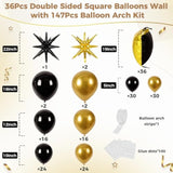 36pcs Gold & Black Square Balloons with 147pcs Arch Kit for Party Backdrop Decor