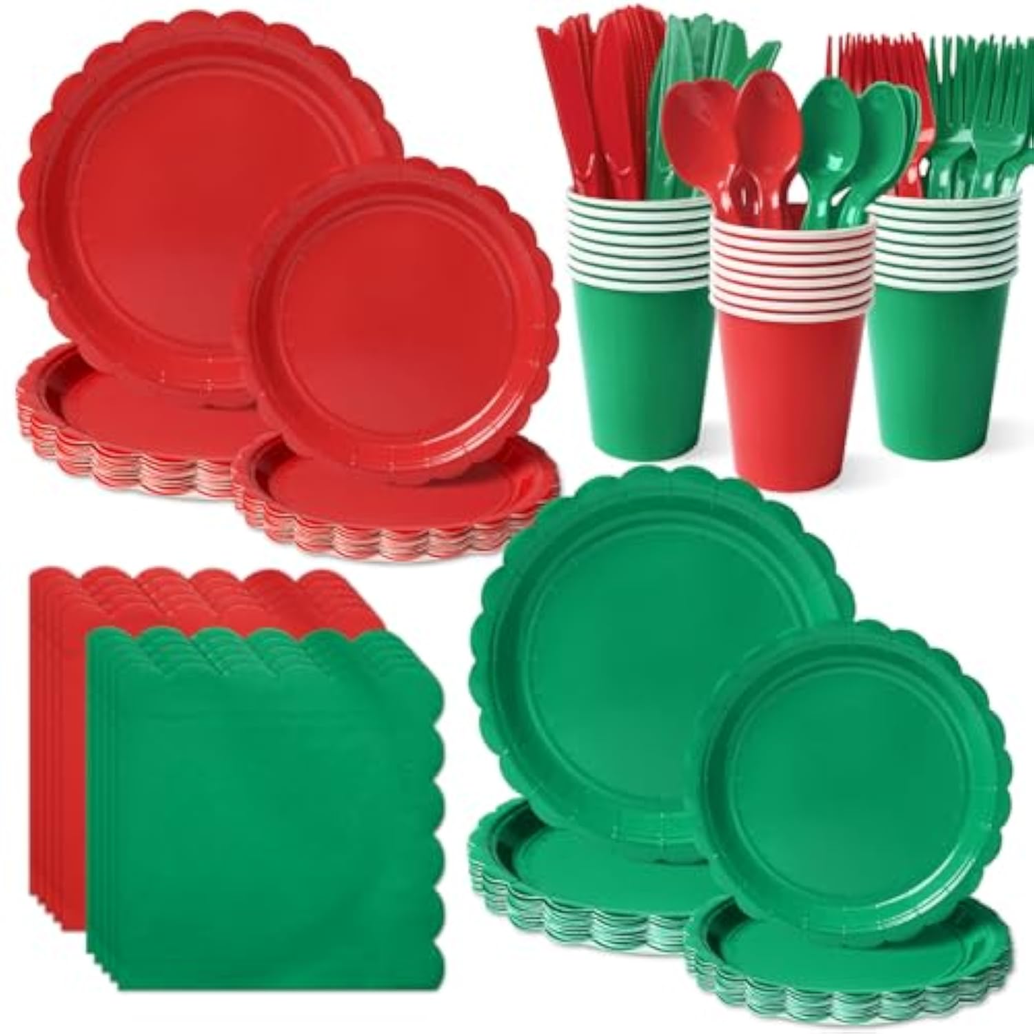 350 Pcs Green And Red Disposable Party Supplies – Paper Plates And Napkins Dishware Set (Serve 50) | Scalloped Plates, Cups, Spoons, Forks, Knives | Christmas, Holiday Parties