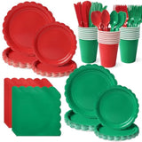 350 Pcs Green And Red Disposable Party Supplies – Paper Plates And Napkins Dishware Set (Serve 50) | Scalloped Plates, Cups, Spoons, Forks, Knives | Christmas, Holiday Parties
