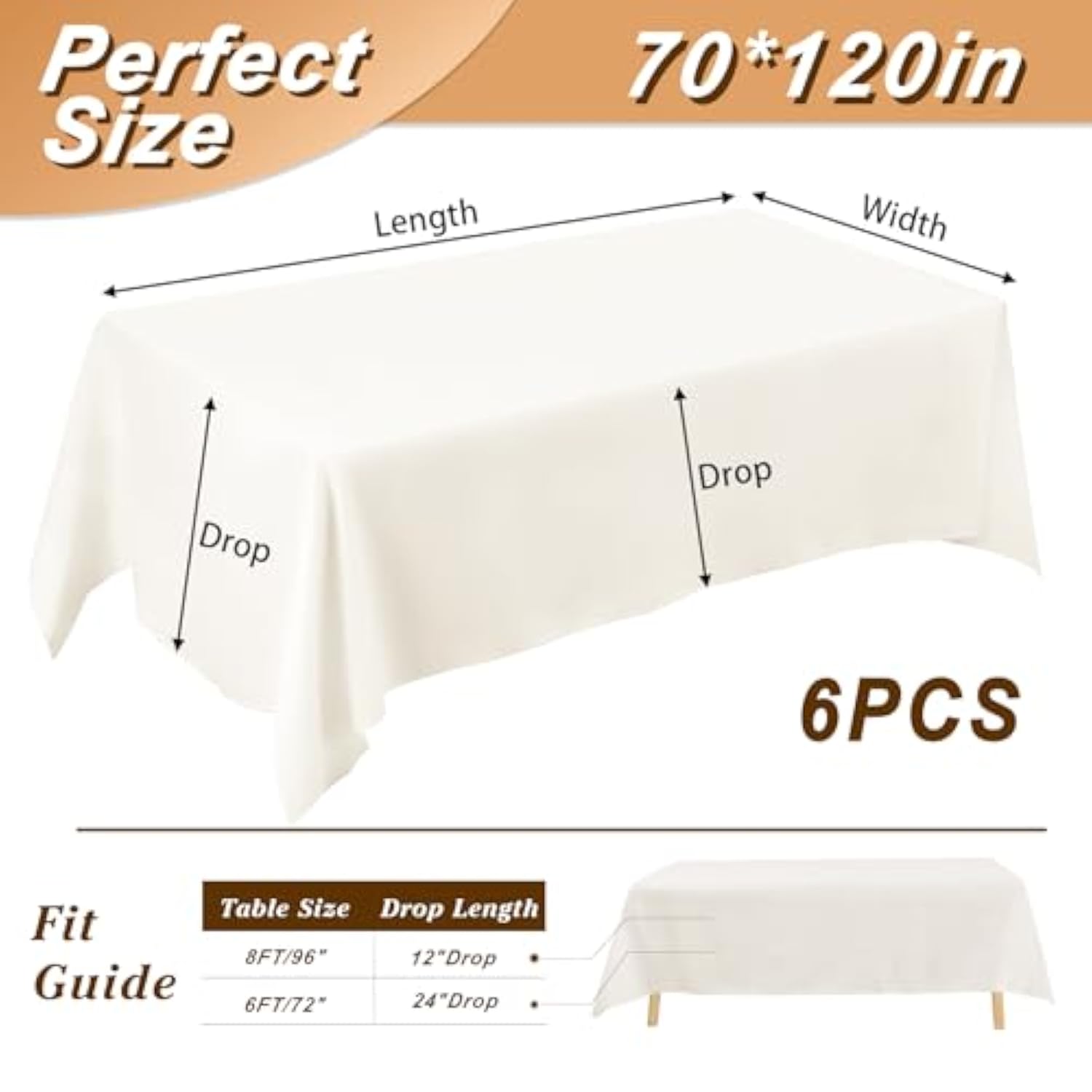 6-pack ivory polyester tablecloths 70x120in for parties, weddings, and banquets