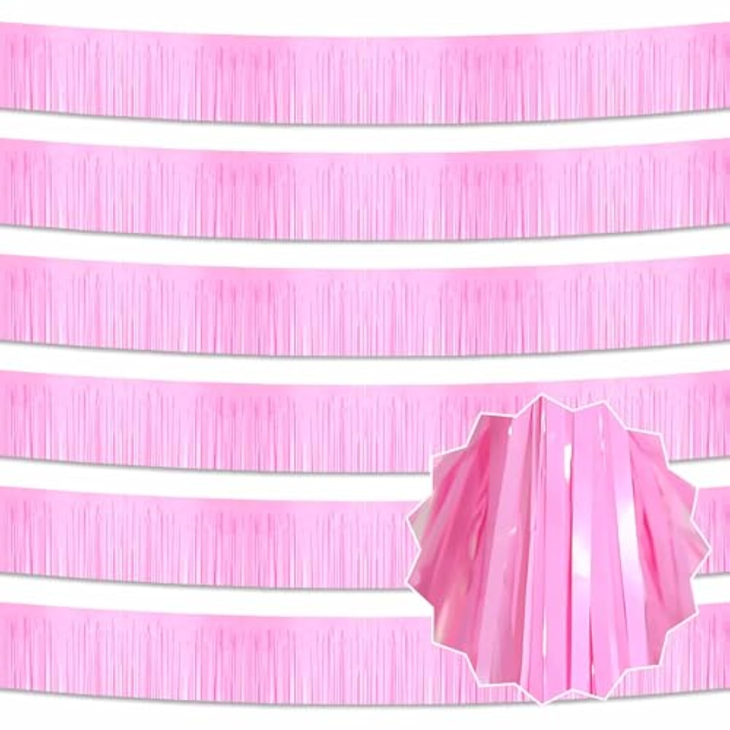 6 Pack 10 Ft Macaron Pink Foil Fringe Garland Metallic Streamers Tinsel Banner Wall Hanging Garland Backdrop For Parade Floats, Halloween, Thanksgiving, Christmas, New Year Party Decorations