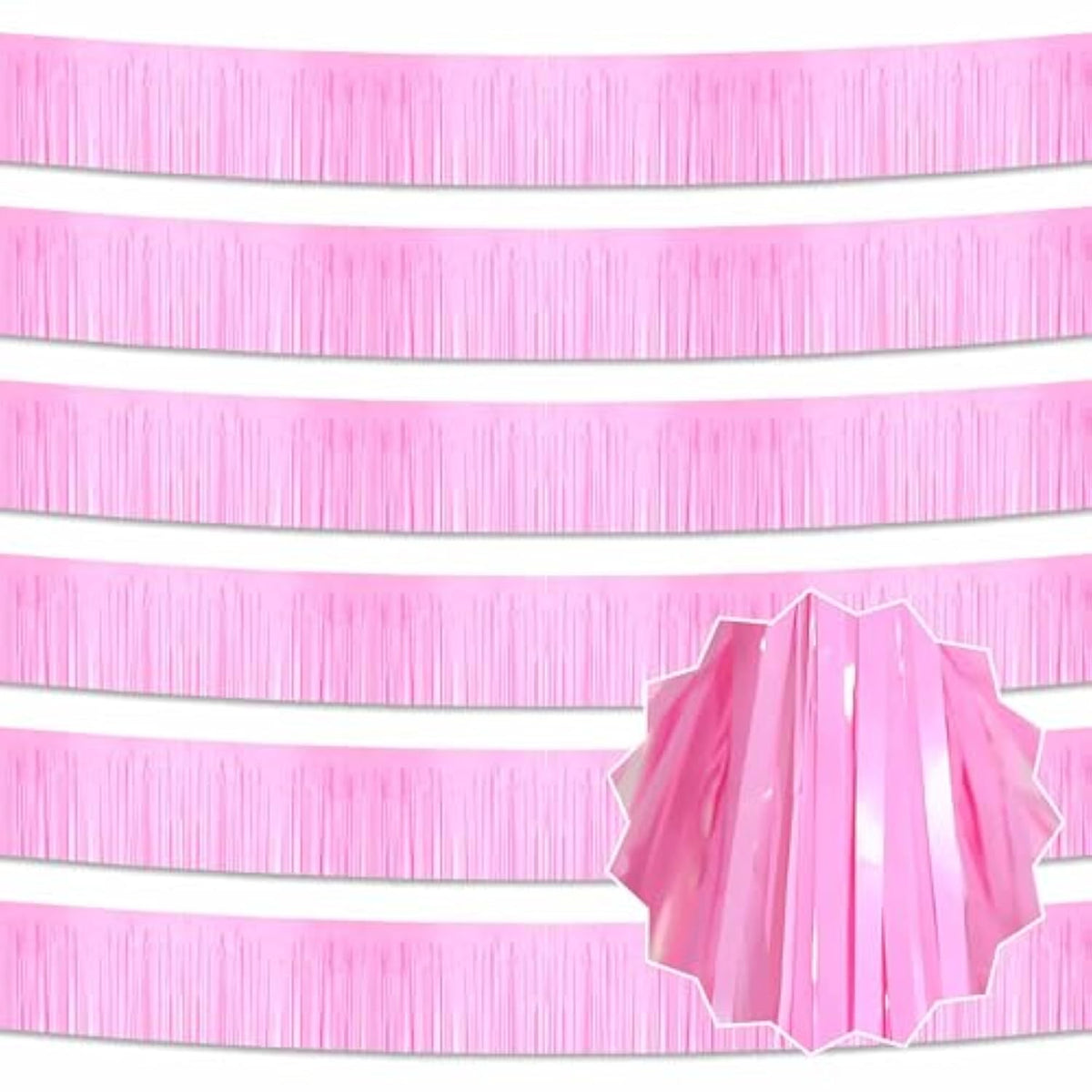 6 Pack 10 Ft Macaron Pink Foil Fringe Garland Metallic Streamers Tinsel Banner Wall Hanging Garland Backdrop For Parade Floats, Halloween, Thanksgiving, Christmas, New Year Party Decorations