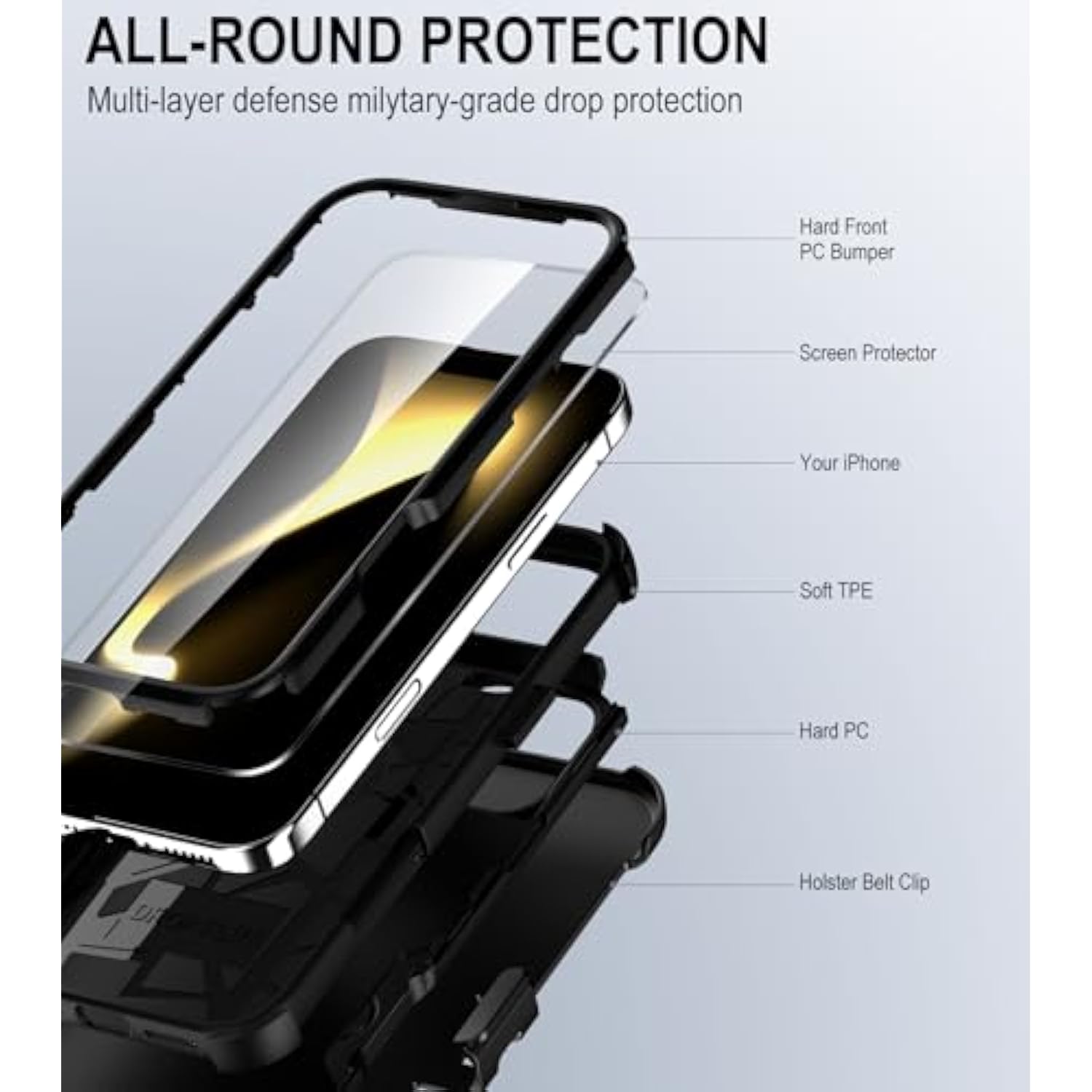 For Iphone 16 Pro Max Case With Belt Clip Holster,2X Screen Protector, Heavy Duty Protection,Military-Grade Protection,Anti-Drop,Shockproof Phone Cover For Iphone 16 Pro Max Case,Black