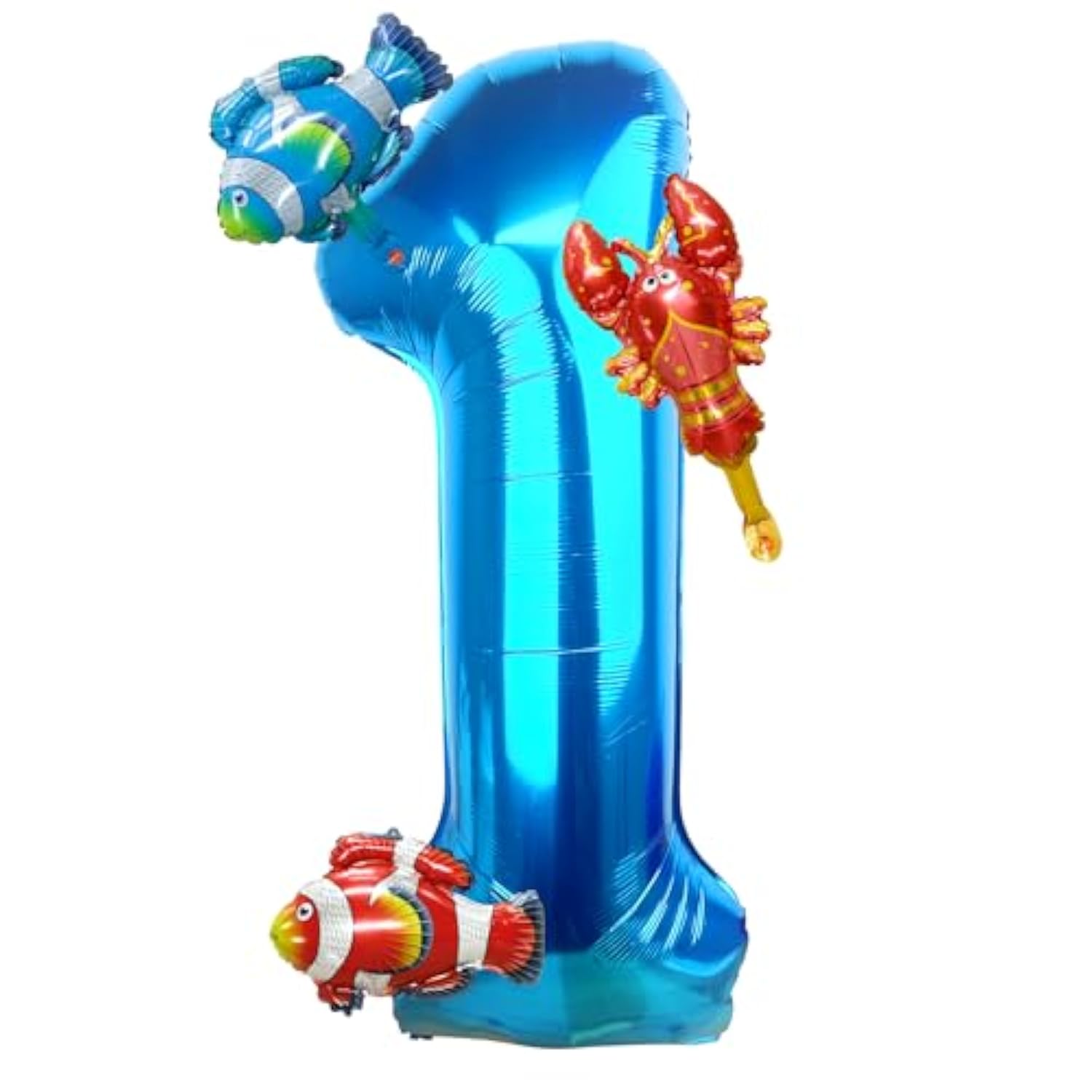 40 Inch Under The Sea Blue Number 1 Balloon, Mini Sea Animal Balloons Ocean Animal Foil Balloon, Fish Crawfish Balloons For Boys Girls Ocean Theme 1St Birthday Baby Shower Party Decoration