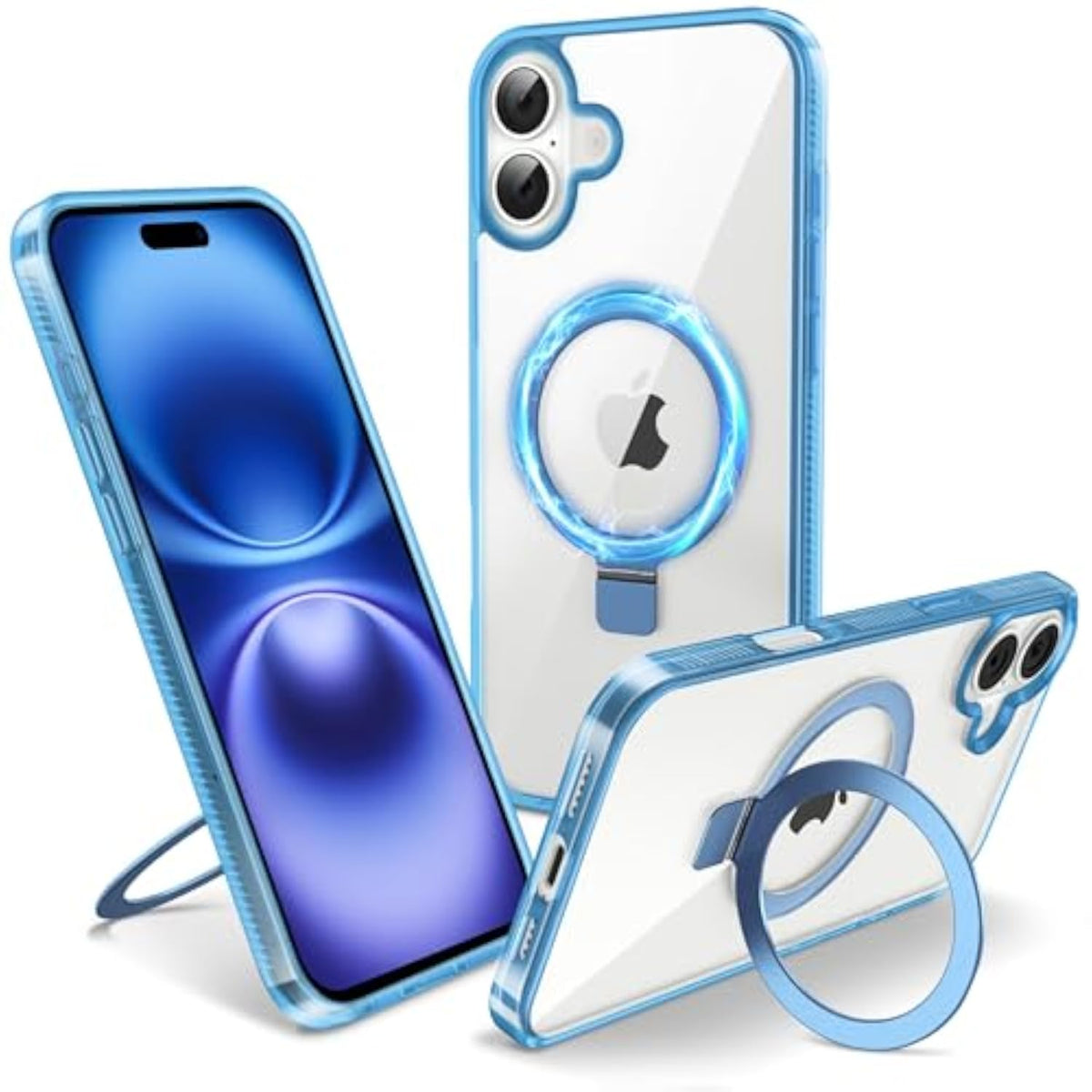 Clear Blue Magnetic Case for iPhone 6.1" - Built-in Invisible Stand Compatible with MagSafe Military Grade Drop Protection Anti-Yellowing Hard Back Silicone Edge Cover