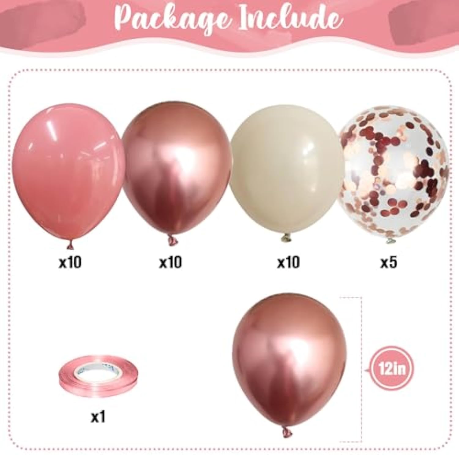 Dusty Pink And Rose Gold Balloons, 12In Retro Blush Pink Beige White Balloons With Metallic Rose Gold Confetti Latex Balloons Set For Girls Women Birthday Baby Bridal Shower Wedding Party Decorations
