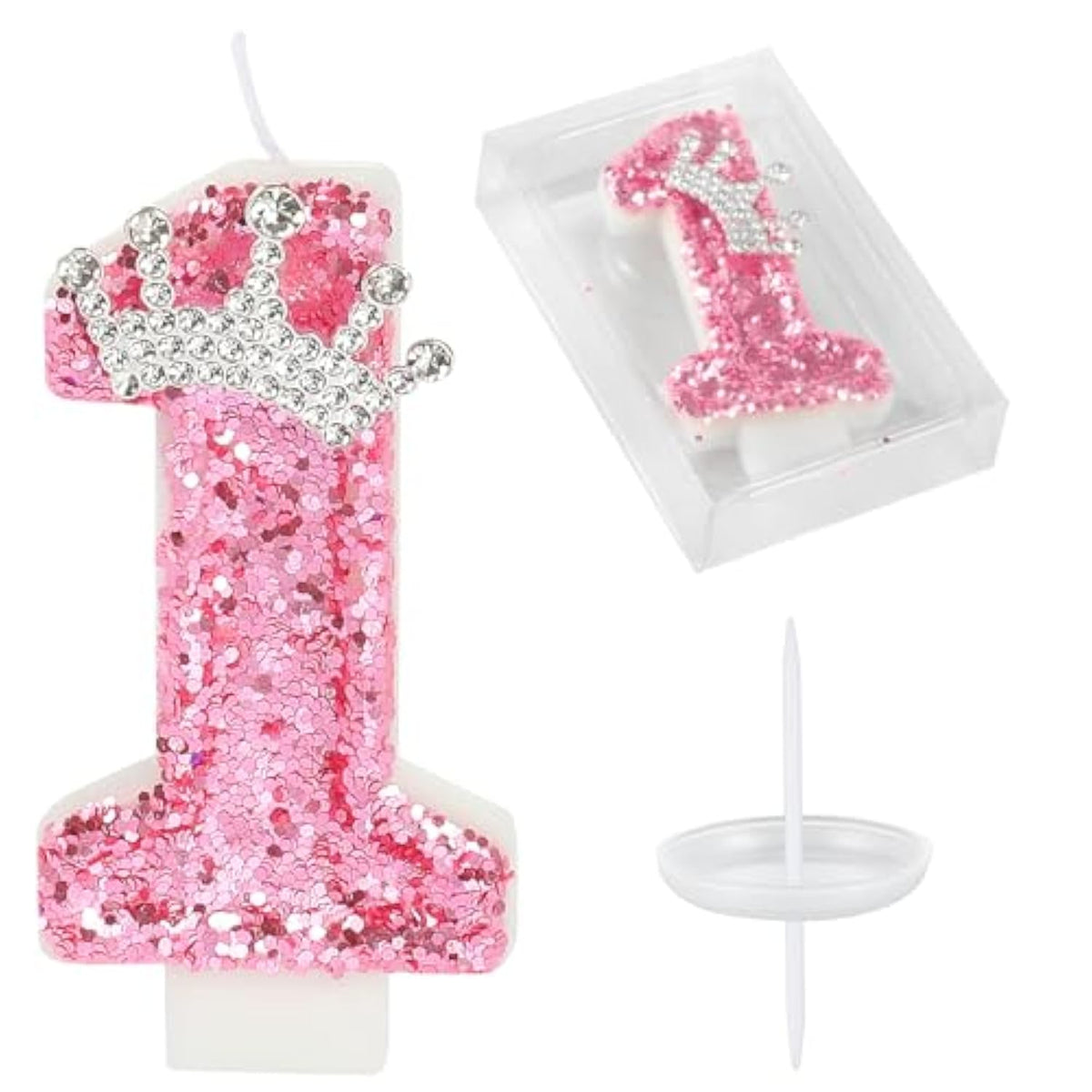 Birthday Number Candles,Pink Crown Birthday Candles For Cake,Glitter Number 1 Candle Cake Topper With Sequins For Girls,Women, Anniversary Celebrations Supplies (Pink 1)