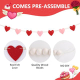 Valentines Day Decorations Felt Garland Banner Pink Red Hearts With Wood Beads Romantic Love Rustic Farmhouse Pre-Assembled Hanging Banner For Mantle, Fireplace, Wall, Party Supplies