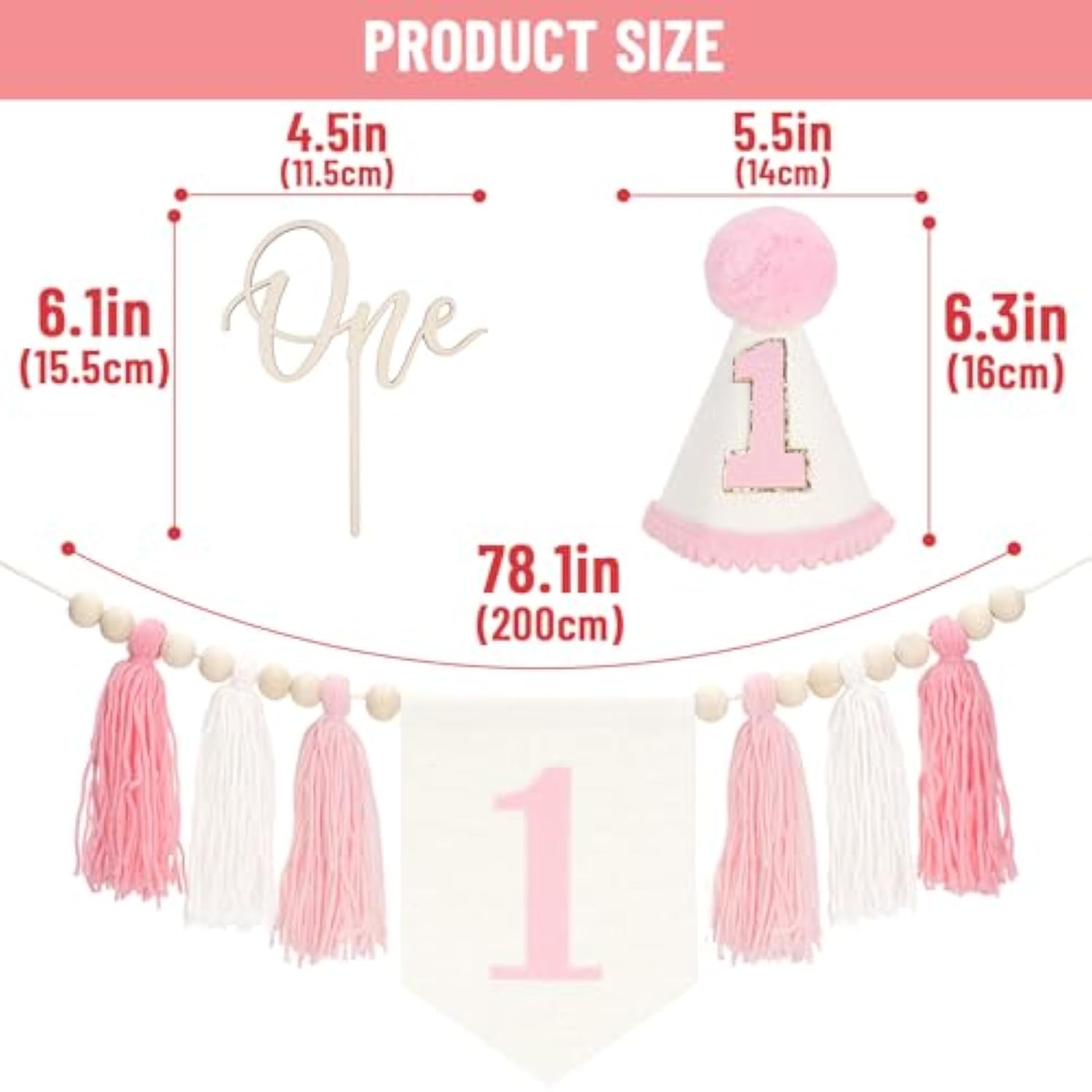 Pink One High Chair Banner - Baby Girl First Birthday Decorations 1St Birthday Girls One Year Old Outfit Garlands With Wood Bead Tassel Conical Hat Cake Topper For Baby Shower Party Decoration