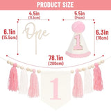 Pink One High Chair Banner - Baby Girl First Birthday Decorations 1St Birthday Girls One Year Old Outfit Garlands With Wood Bead Tassel Conical Hat Cake Topper For Baby Shower Party Decoration